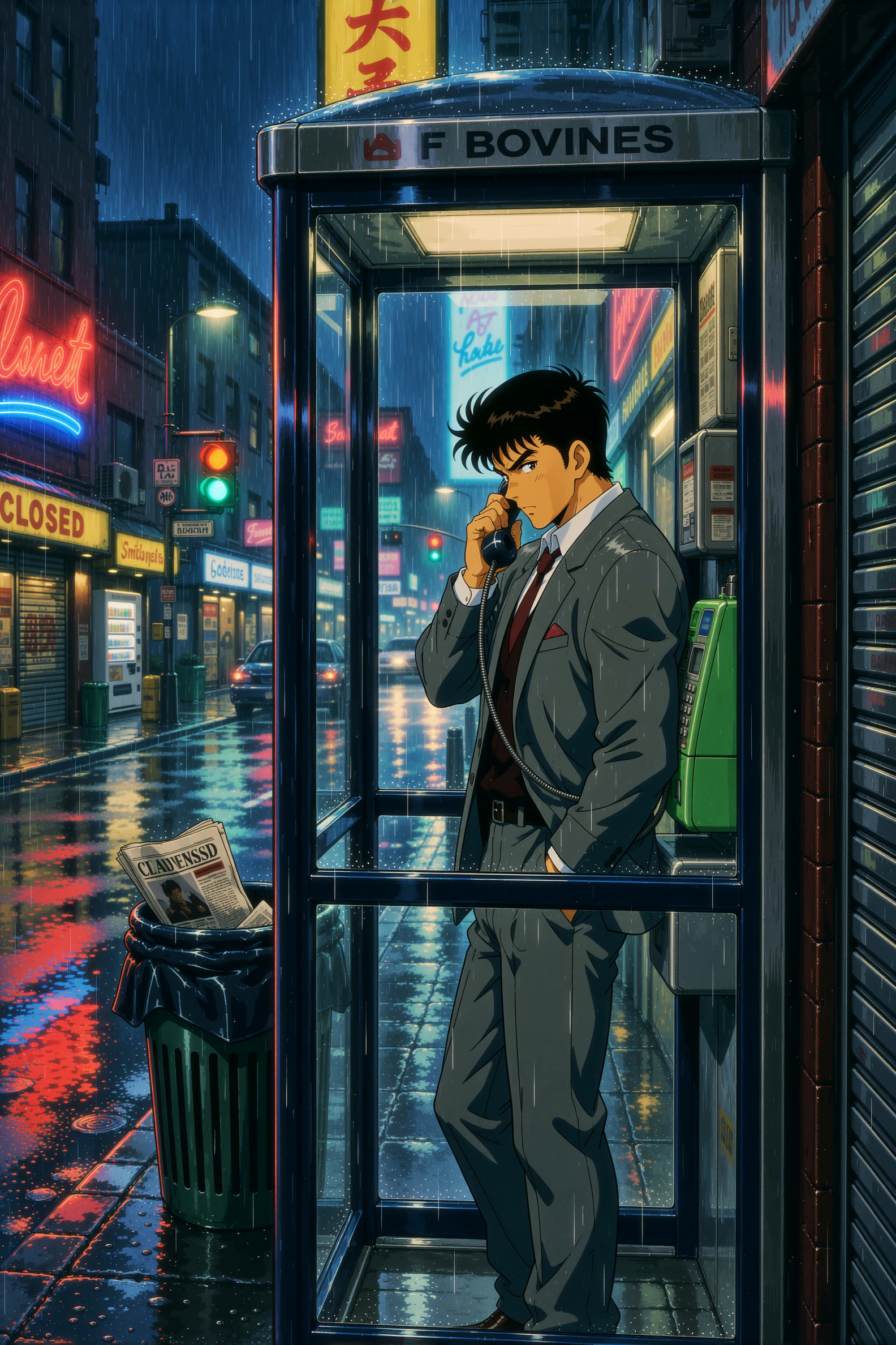 retro anime style image of a man in a charcoal suit standing inside a glass phone booth on a rain-lashed city street at ni...