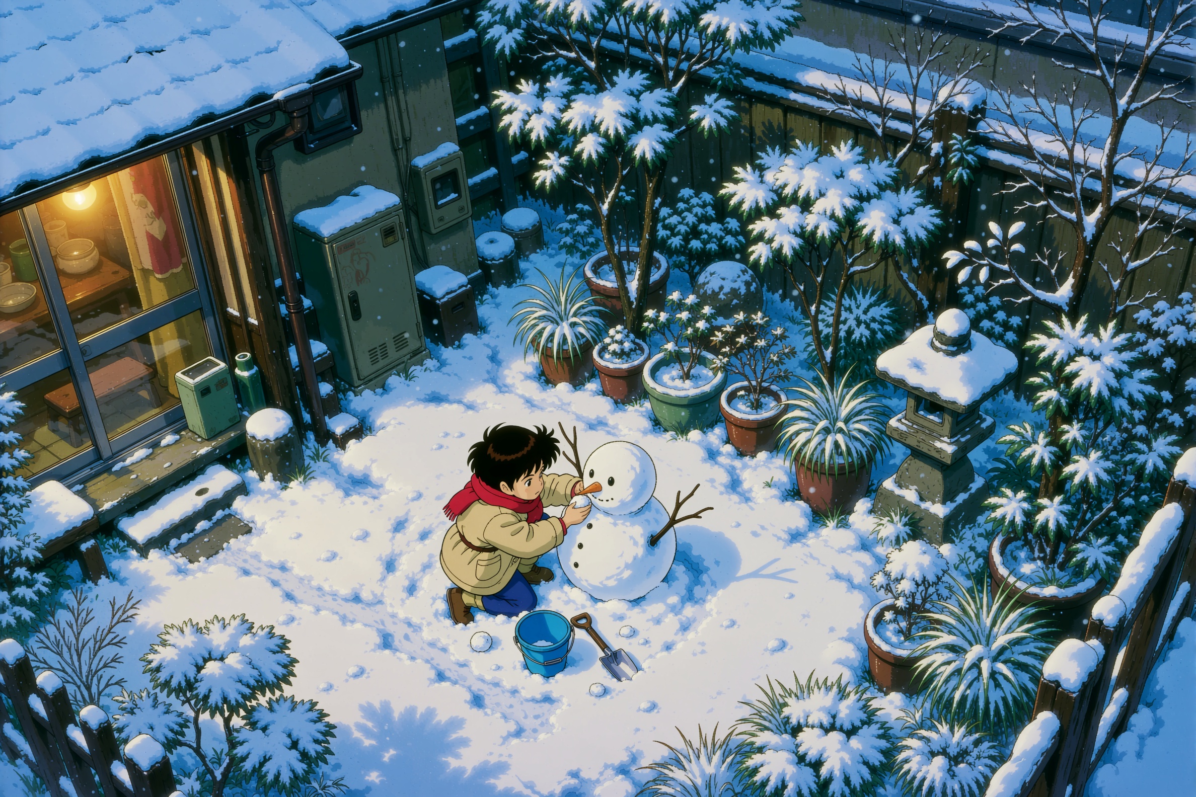 a retro anime style image of a snowy courtyard scene where a child kneels in the snow,  actively building a snowman. The c...