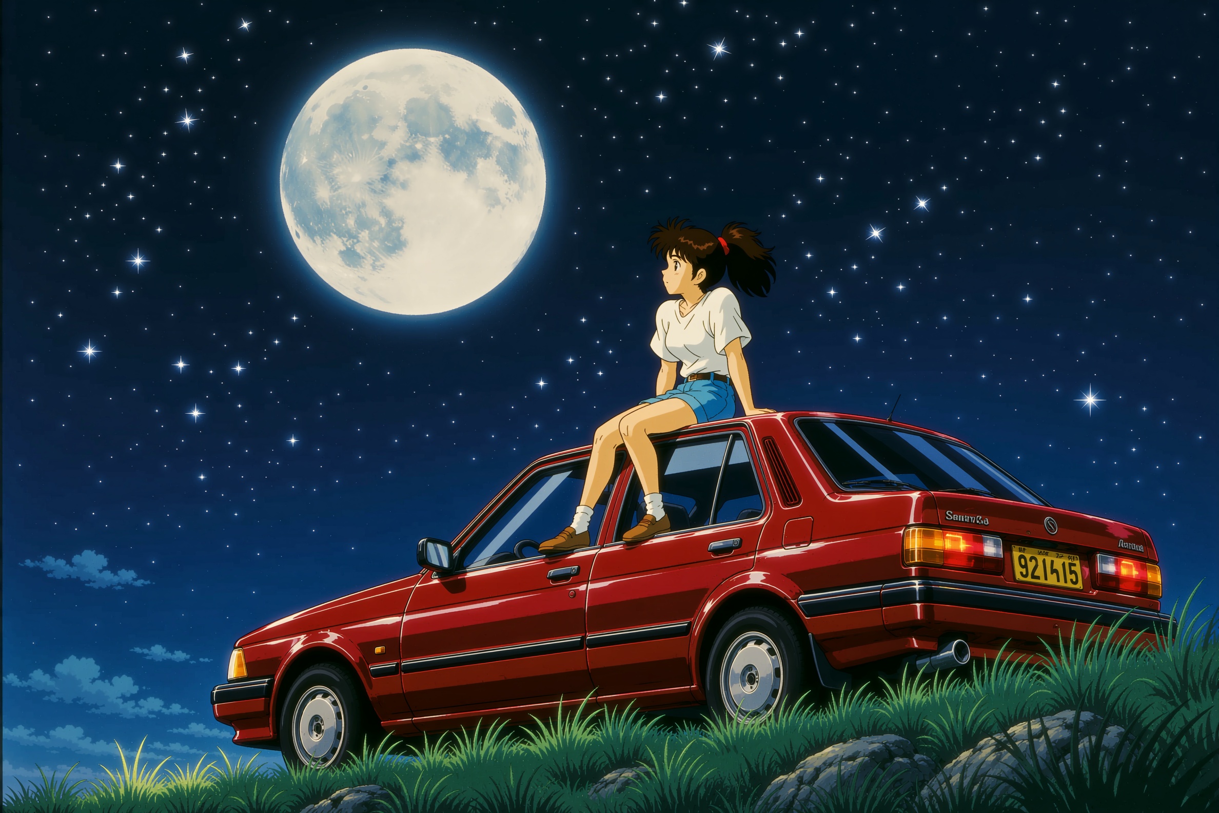 this retro anime style image shows a girl sitting on the roof of a red car parked on a grassy hill,  gazing up at a lumino...