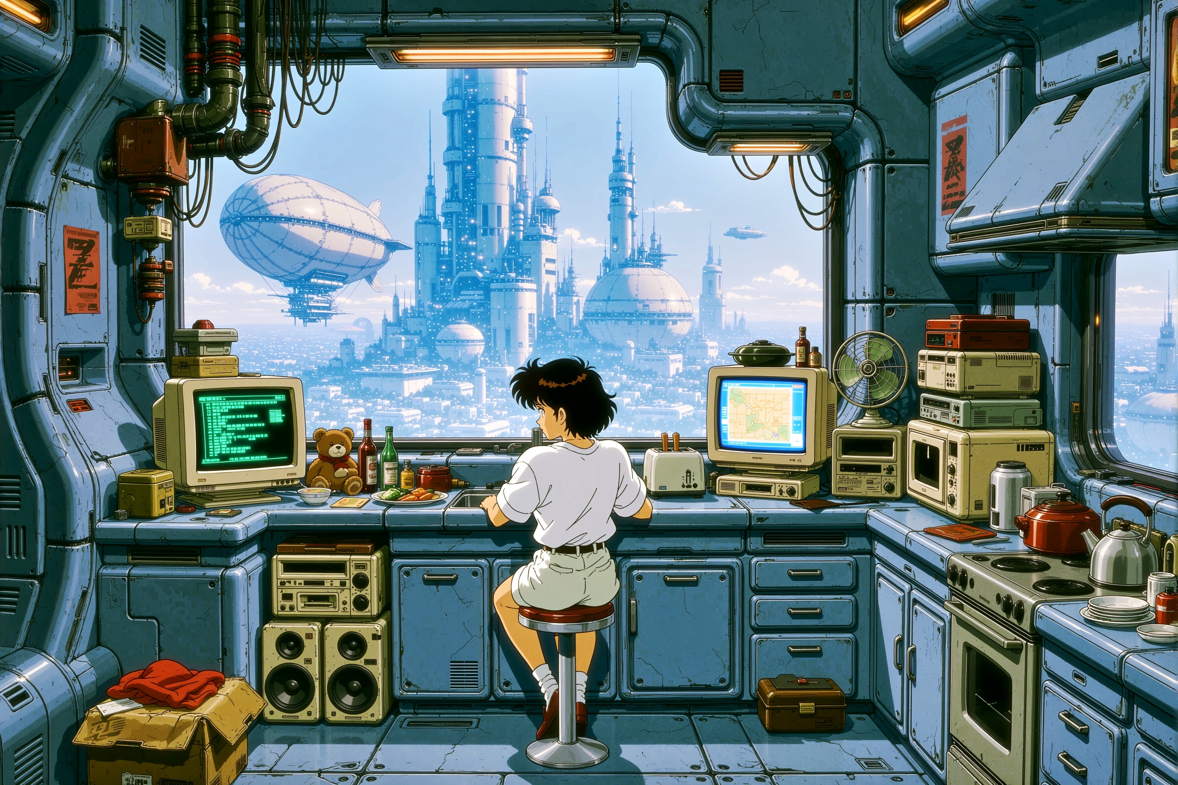 A retro anime style image of a futuristic kitchen or workspace where a person with dark hair,  wearing a white short-sleev...