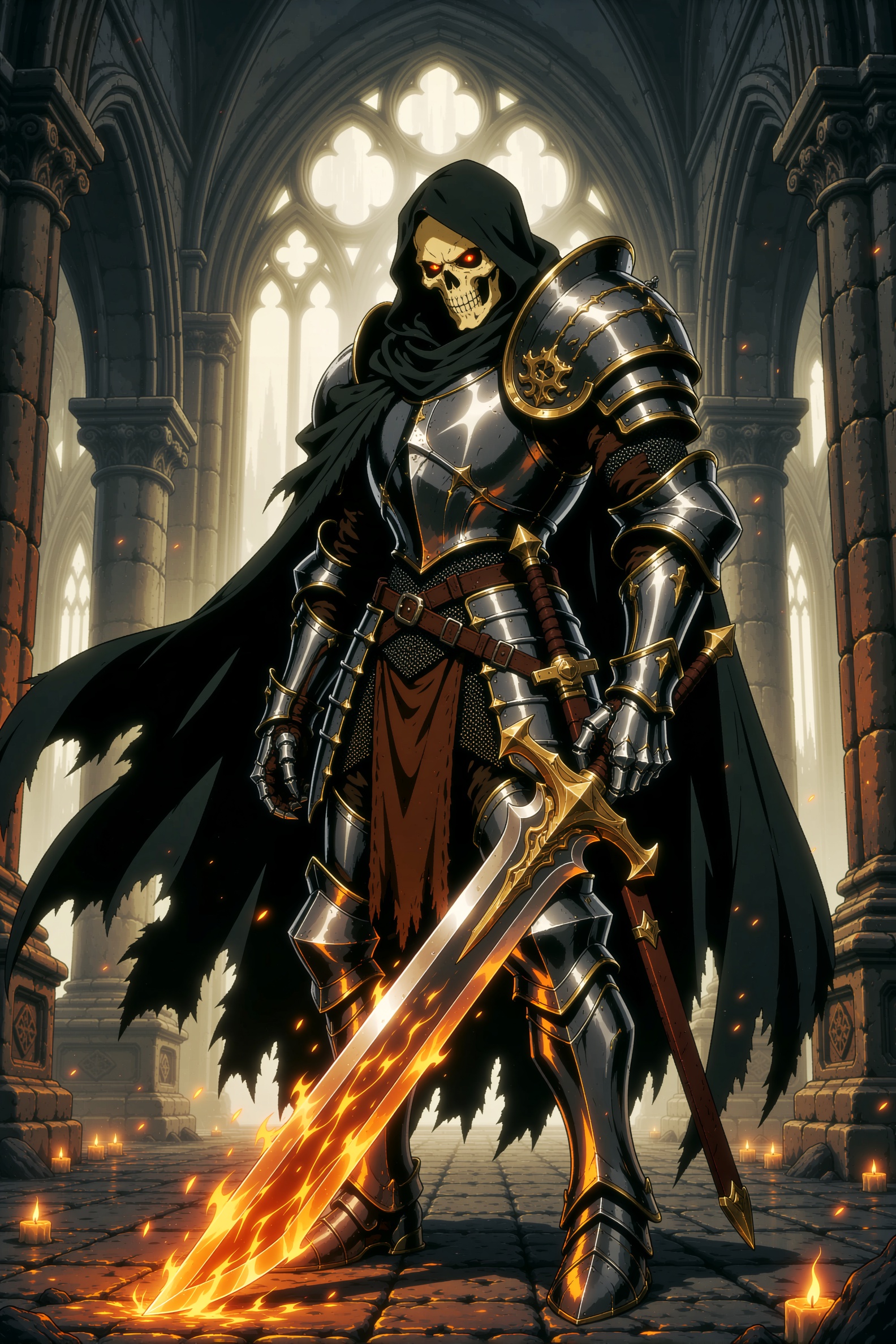 a retro anime style image of an imposing skeletal knight,  clad in dark,  intricately detailed plate armor on Tensor.Art