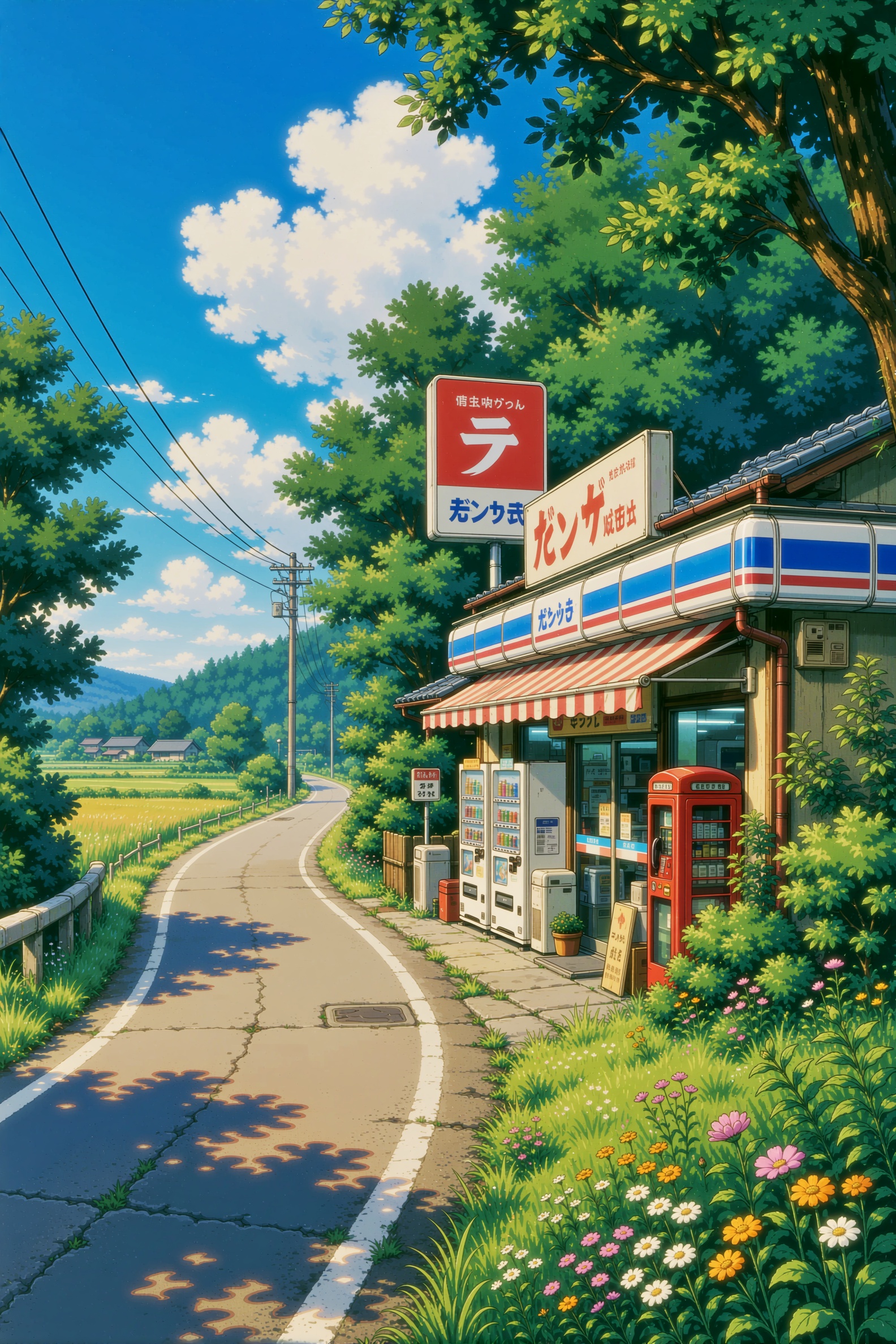 retro anime style image of a quaint,  rural Japanese scene. The image features a small,  brightly colored convenience stor...