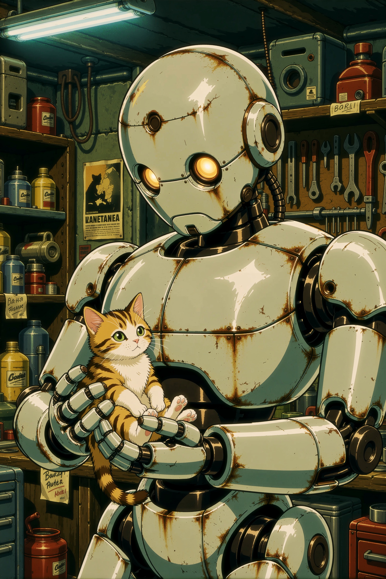 a retro anime style image of a large,  gentle robot carefully holding a small kitten in its hands. The robot has a rounded...