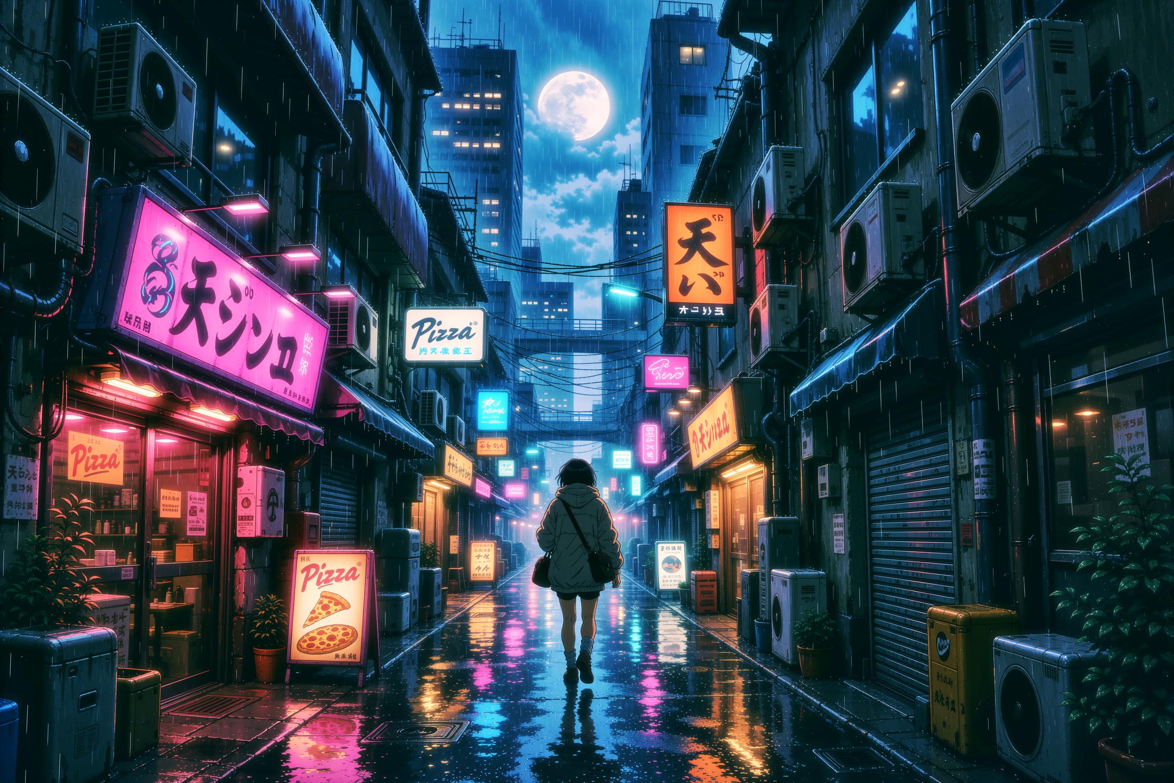 a retro anime style image of a moody,  neon-lit alleyway stretches through a dense urban setting at night,  slick with rai...