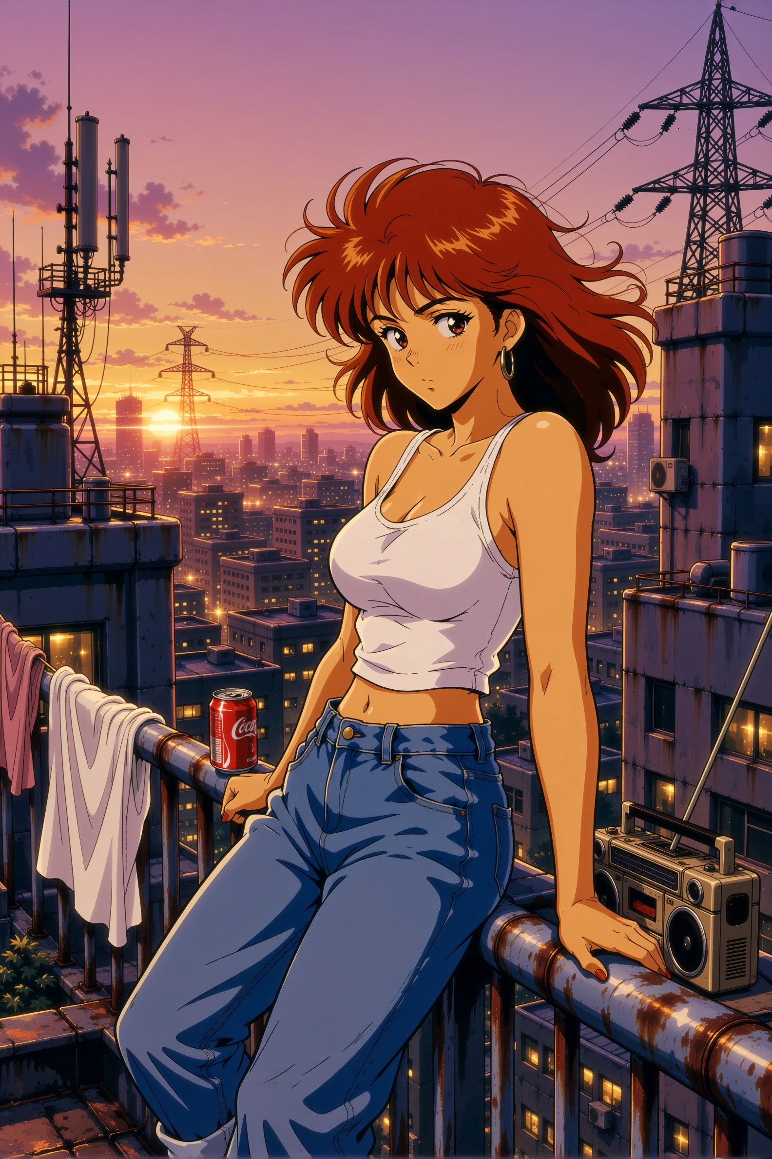 retro anime style image of a young woman leaning against a rusty metal railing on a high-rise rooftop at sunset,  her aubu...
