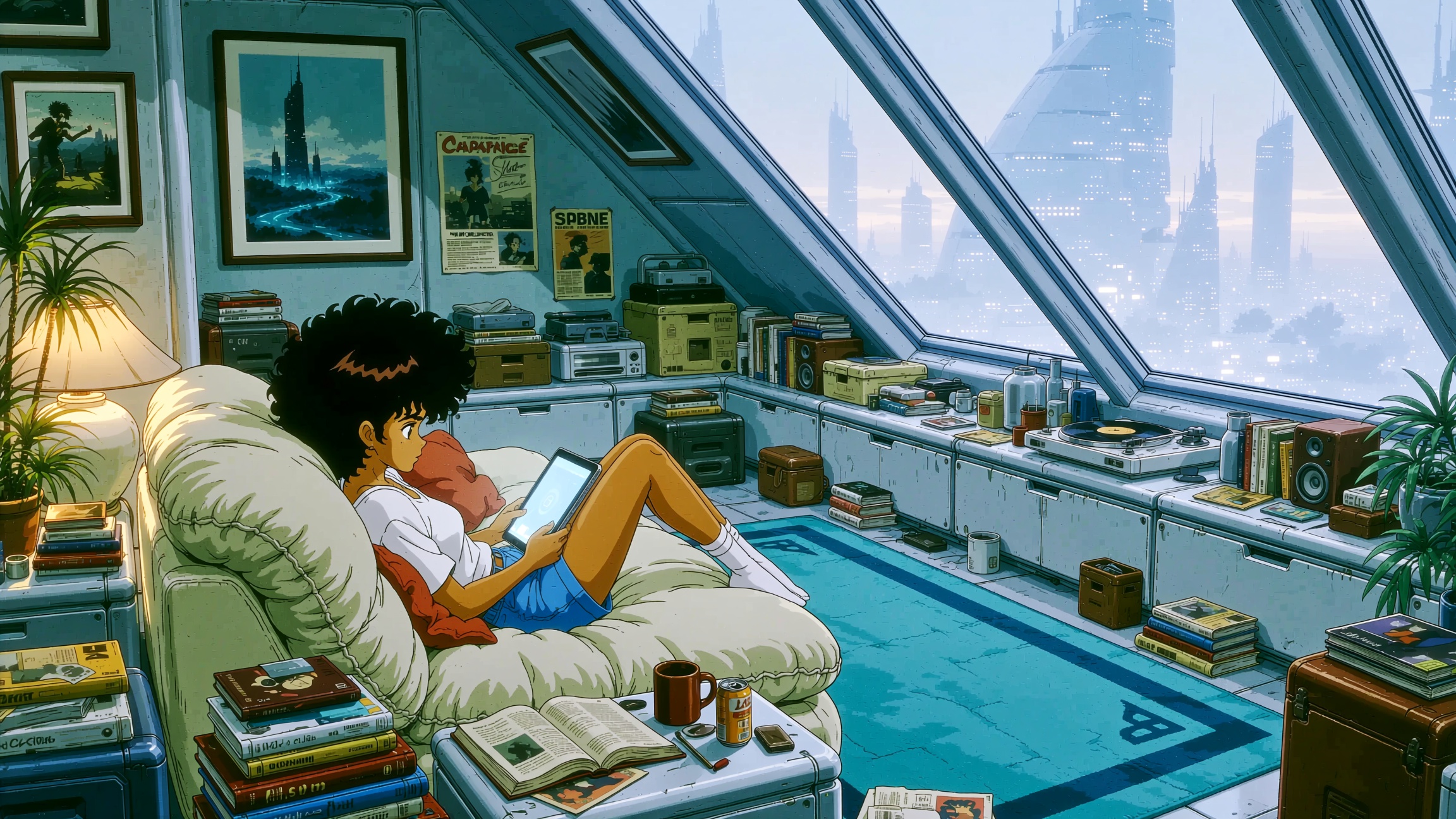 a retro anime style image of a black girl with afro hair sitting on a large,  plush light-colored couch,  holding a tablet...