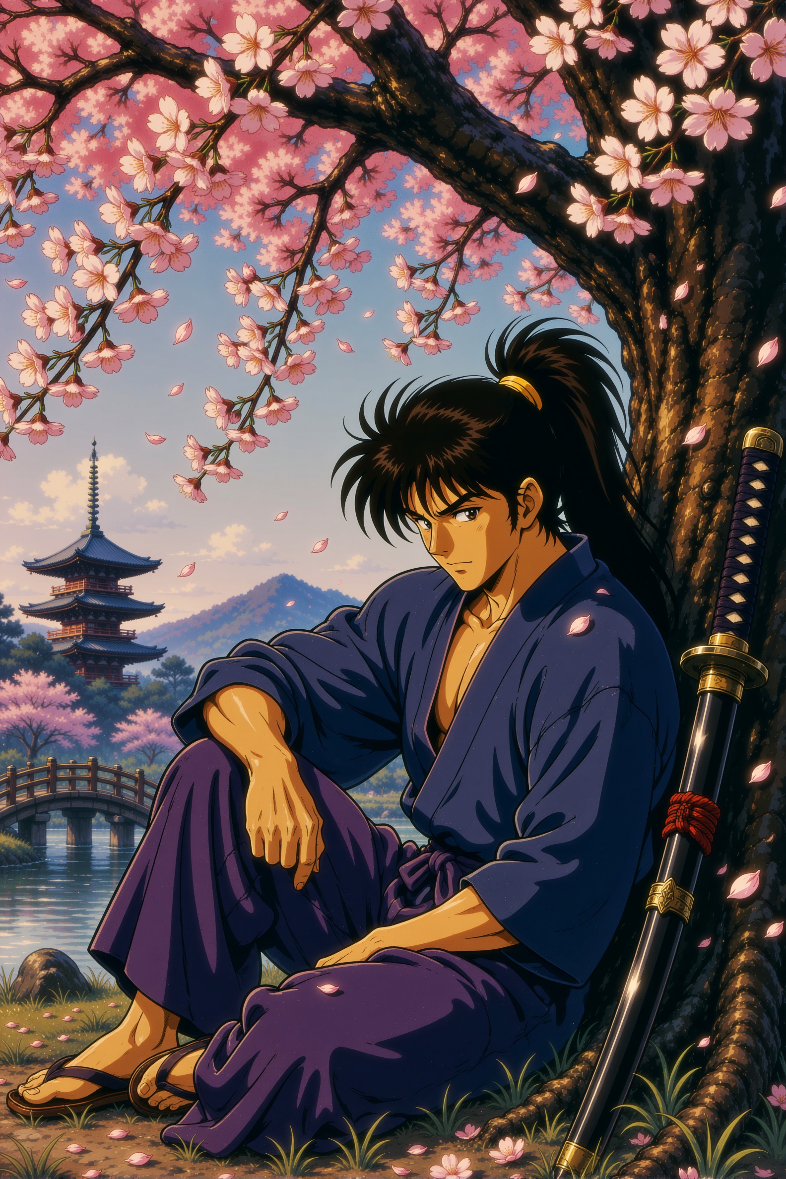 a retro anime style image of a man with long black hair tied in a ponytail with a yellow band,  sitting on the ground bene...