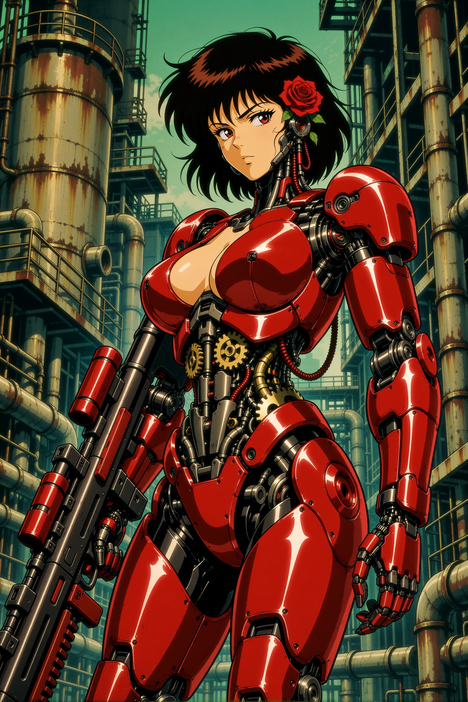 retro anime style image of a female character with short,  dark hair adorned with a single red rose,  standing in an indus...