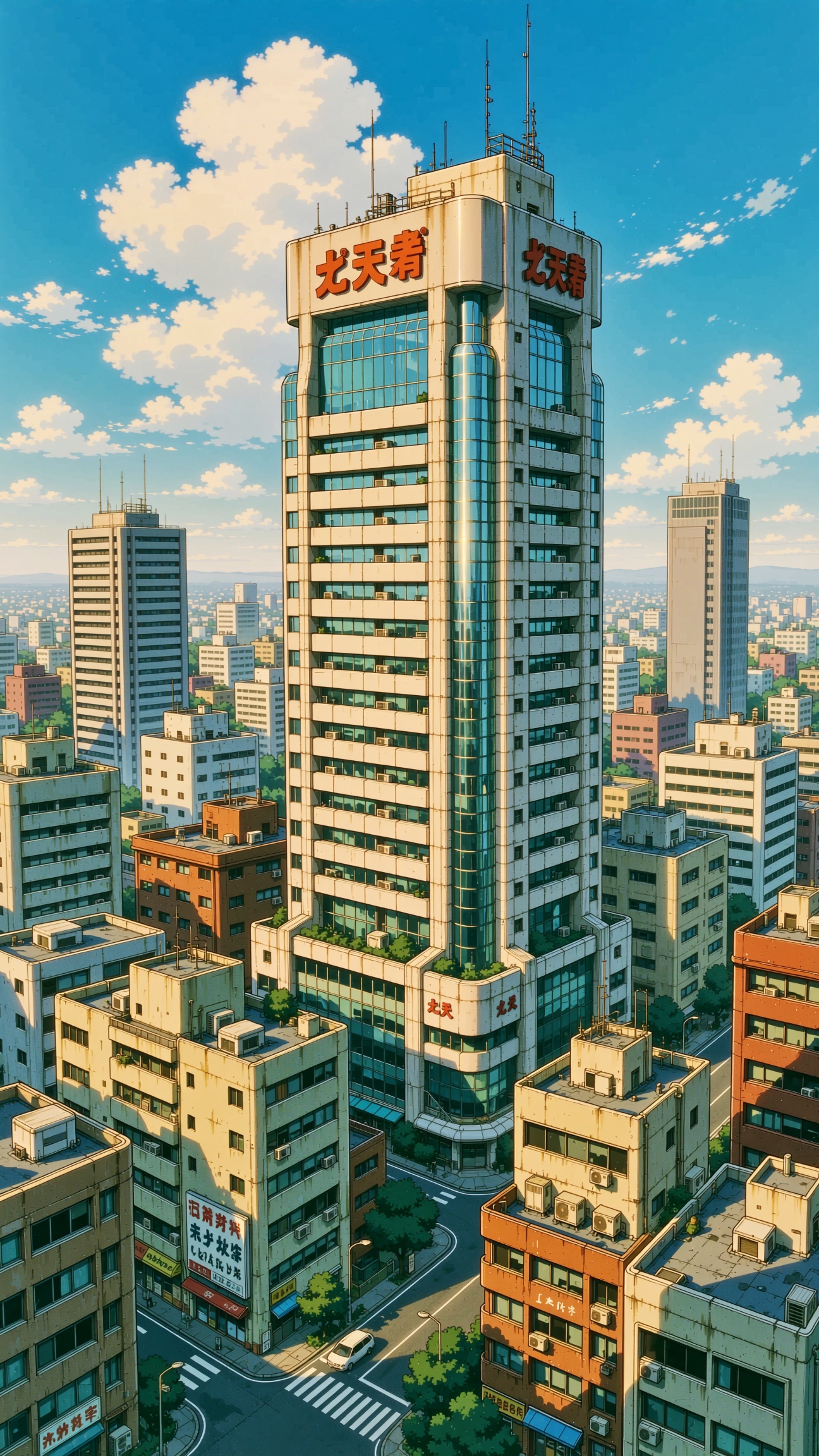 a retro anime style image of a cityscrape building on Tensor.Art