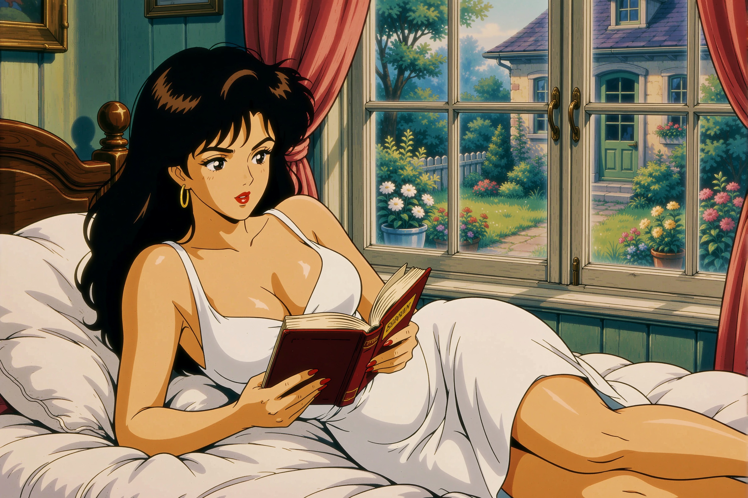 retro anime style image of a busty woman reading a book in a bedroom. The woman is wearing a white dress,  she has long bl...