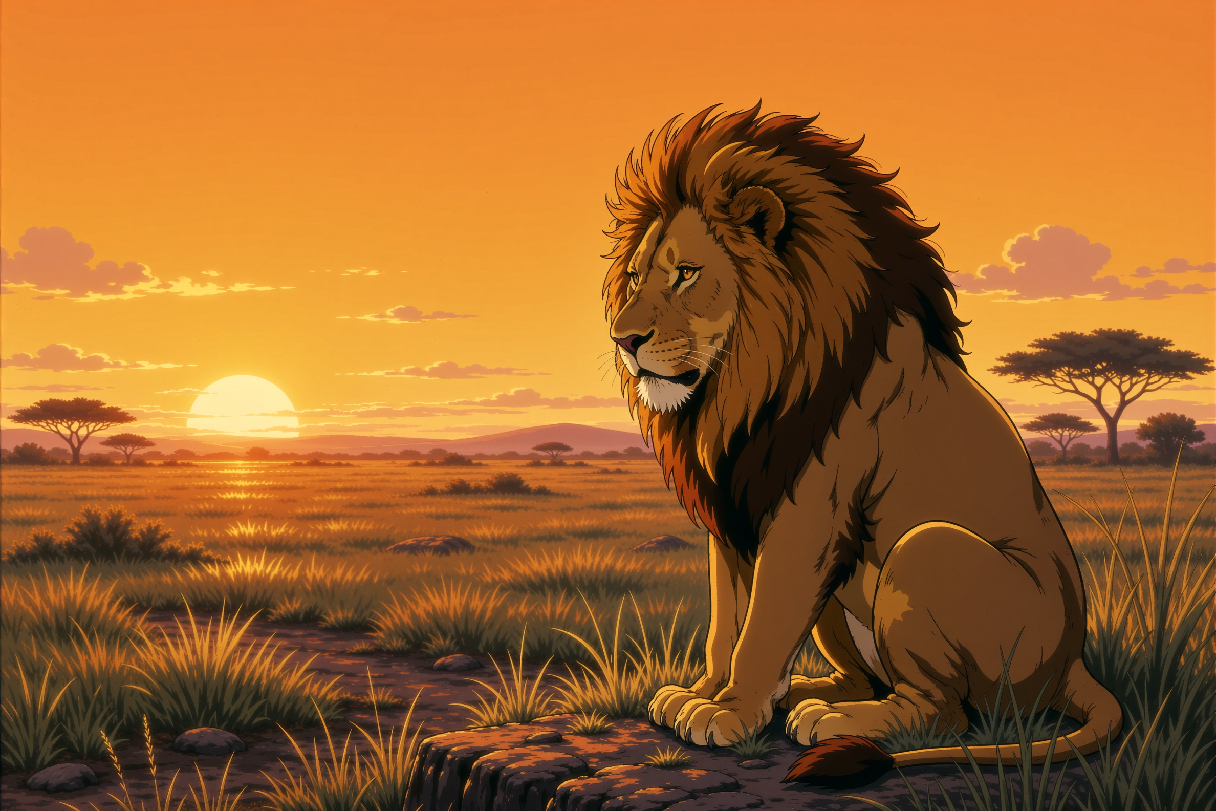 retro anime style image of a lion that sits at the edge of a savanna clearing as the sun rises. The sky is an orange hue,...