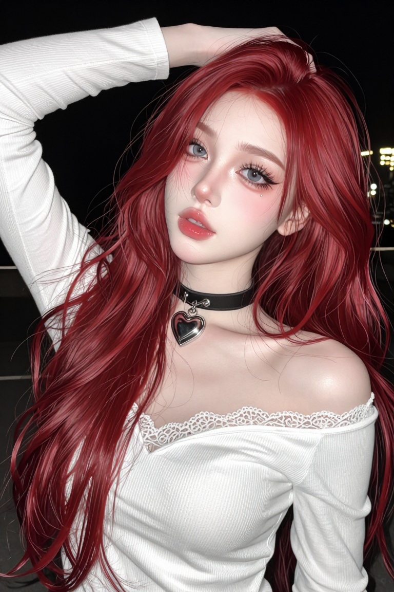 The image shows a person with long,  flowing red hair,  wearing a black choker with a metallic heart-shaped pendant. They...