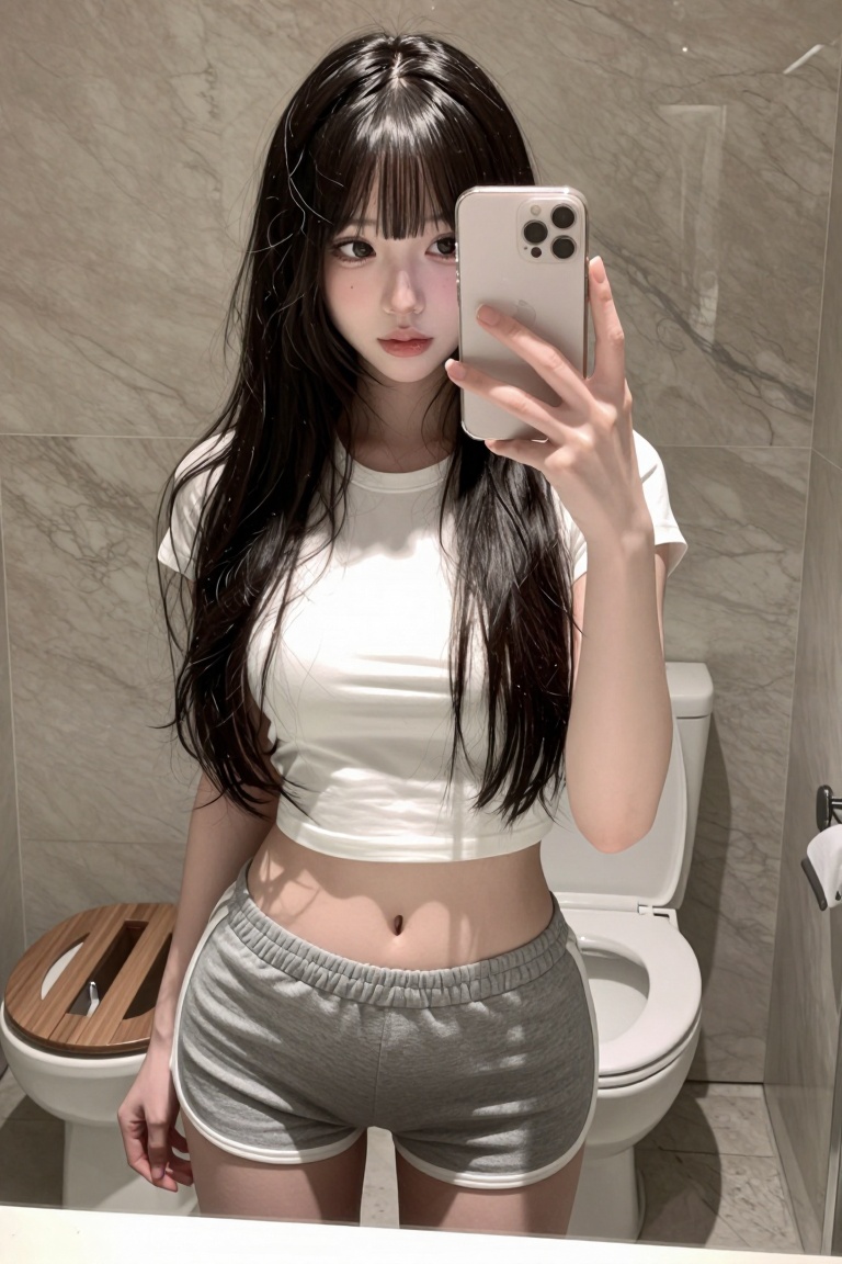 The image shows a person taking a selfie in a bathroom. The individual is wearing a white cropped top and gray shorts with...