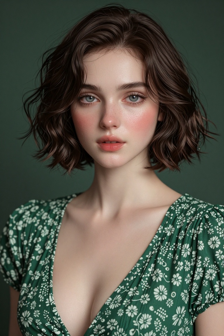The image shows a person with short,  wavy brown hair,  wearing a green dress with a floral pattern. The background is a s...