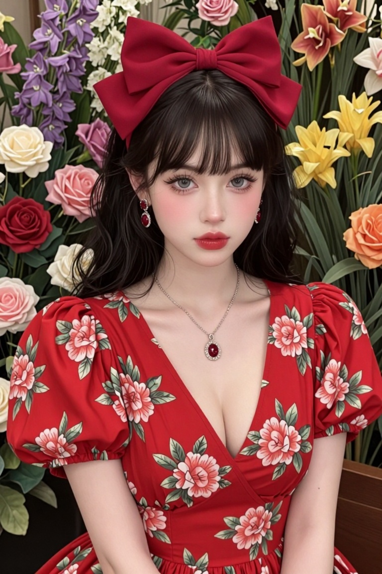 The image shows a person wearing a vibrant red dress adorned with a floral pattern. The dress features a deep V-neckline a...