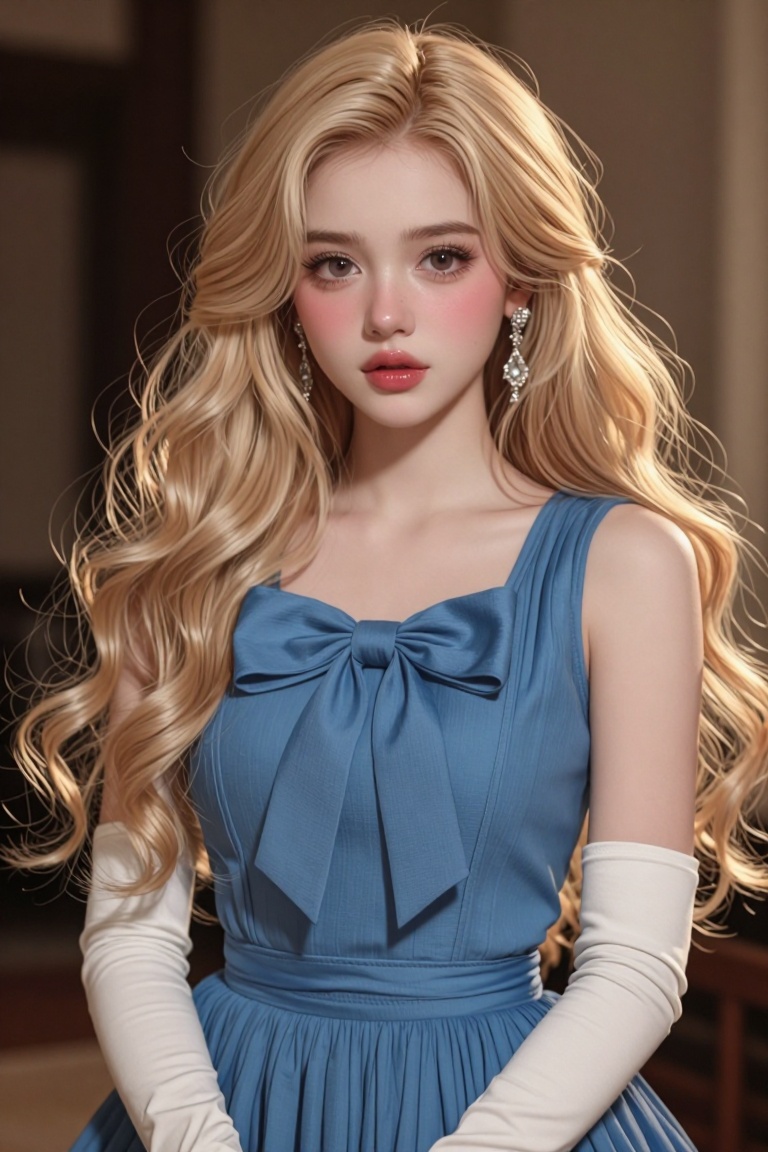 The image depicts a young woman with long,  wavy blonde hair. She is wearing a sleeveless blue dress with a large bow at t...