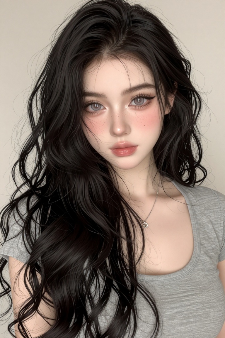 The image depicts a person with long,  wavy dark hair styled in loose curls. They are wearing a gray,  short-sleeved on Te...