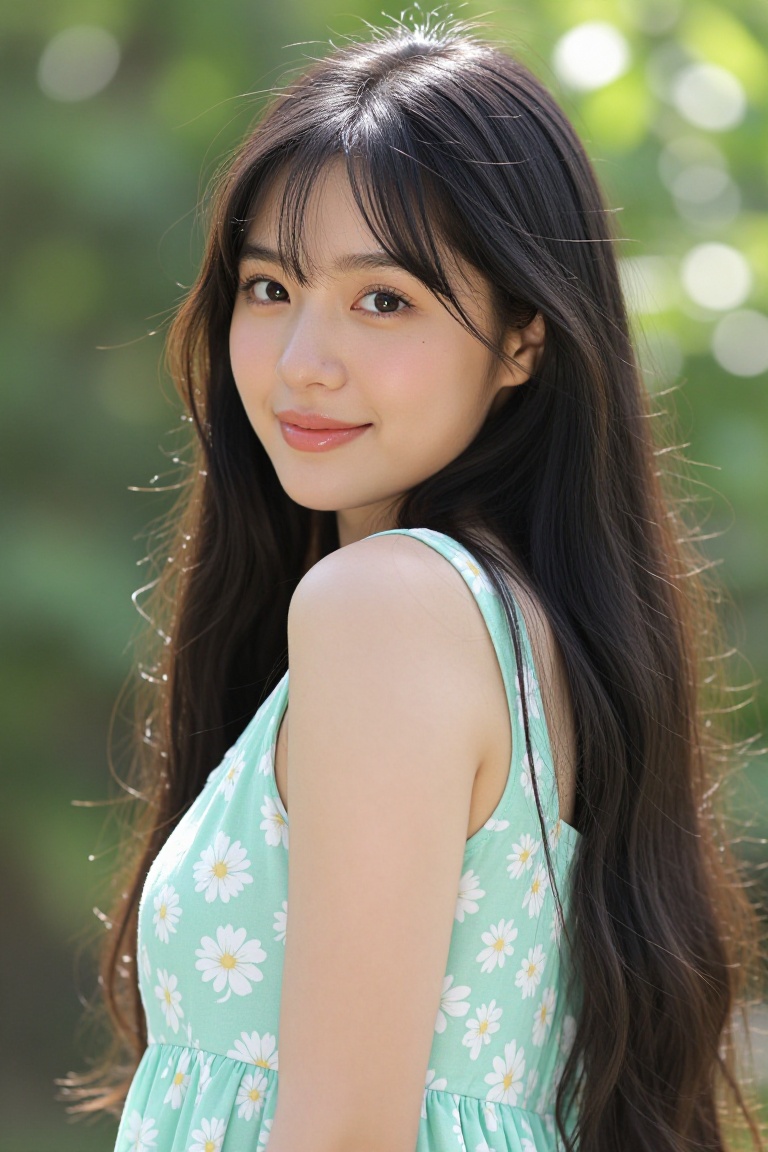 medium close-up shot from chest up of a young woman early 20s turning head back toward camera with gentle smile,  dark hai...