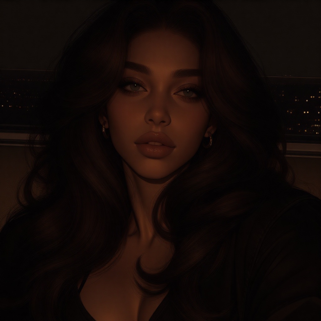 This is a digital artwork of a young woman with a dark,  almost sepia-toned color palette. She has long,  wavy on Tensor.Art