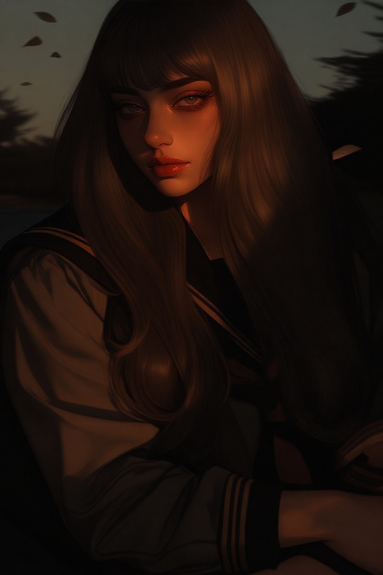 Create a digital illustration of a young woman with long,  voluminous wavy ash-brown hair and straight bangs. She has stri...