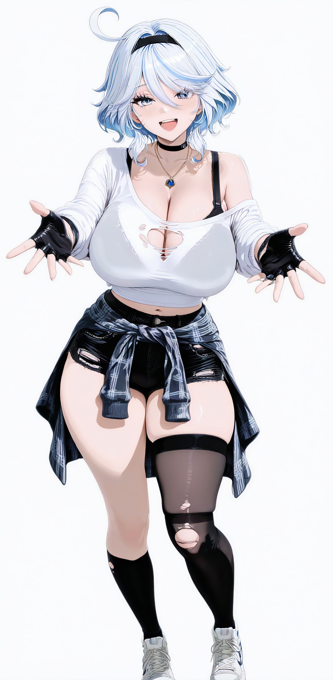 1girl solo long hair breasts looking at viewer smile open mouth bangs blue eyes simple background shirt thighhighs gloves...