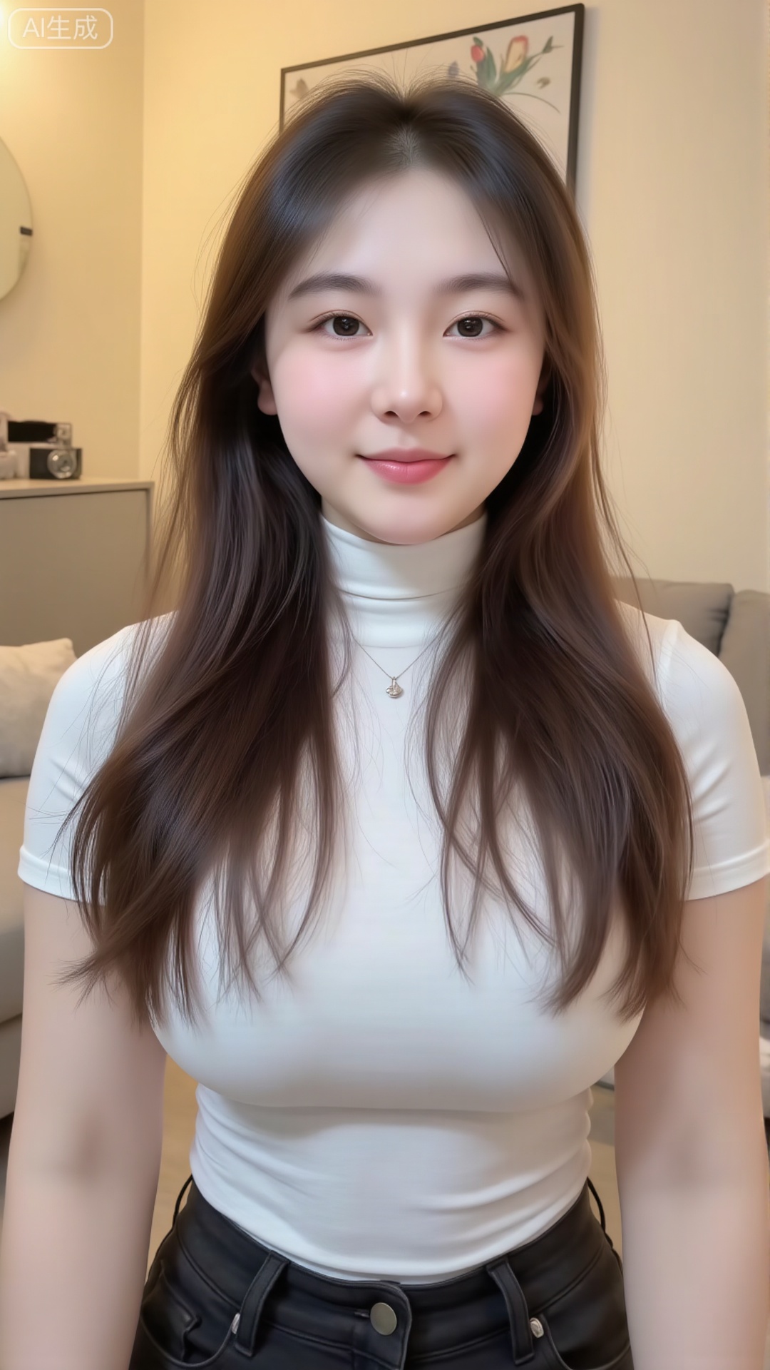 9:16 vertical screen selfie angle,  indoor natural light at home,  warm and soft light on Tensor.Art
