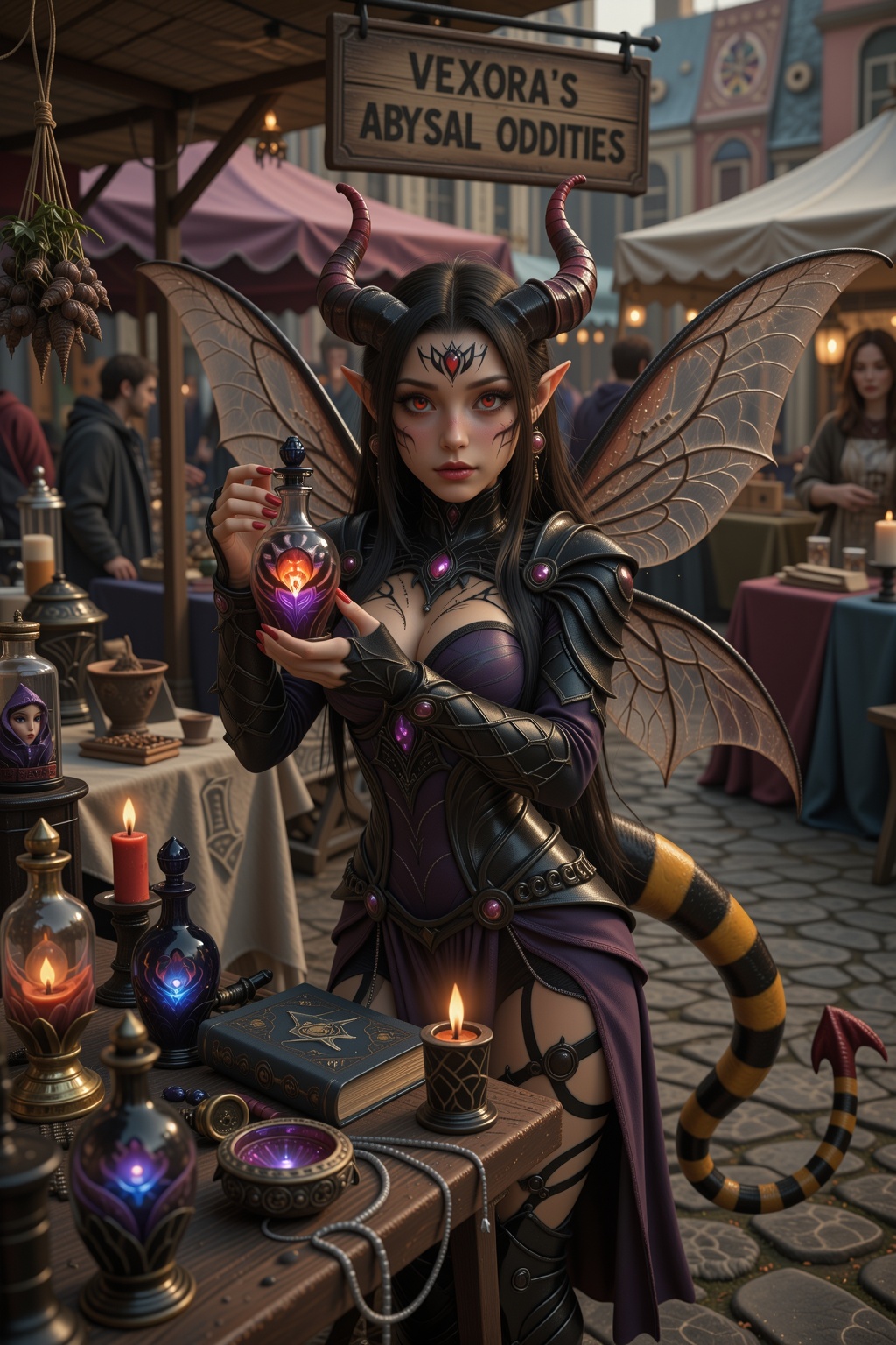 Vexora,  an exquisitely beautiful demonic fairy merchant,  perfect anatomy on Tensor.Art