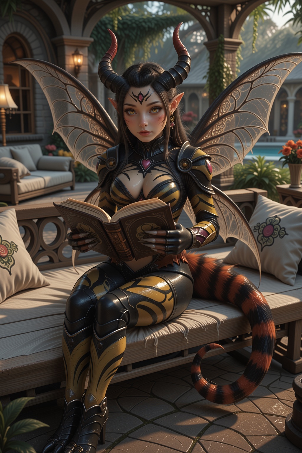 Daemon Vexora sitting gracefully on a wide wooden bench in a serene and inviting backyard oasis,  full body view,  mature...
