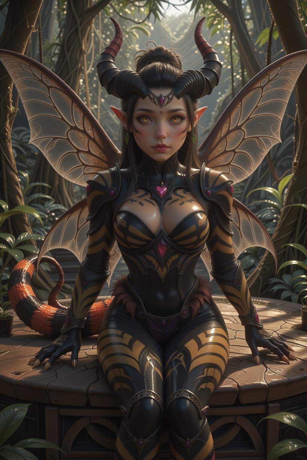Vexora sitting gracefully on a wide,  moss-covered wooden bench in a serene and inviting backyard oasis that has been recl...
