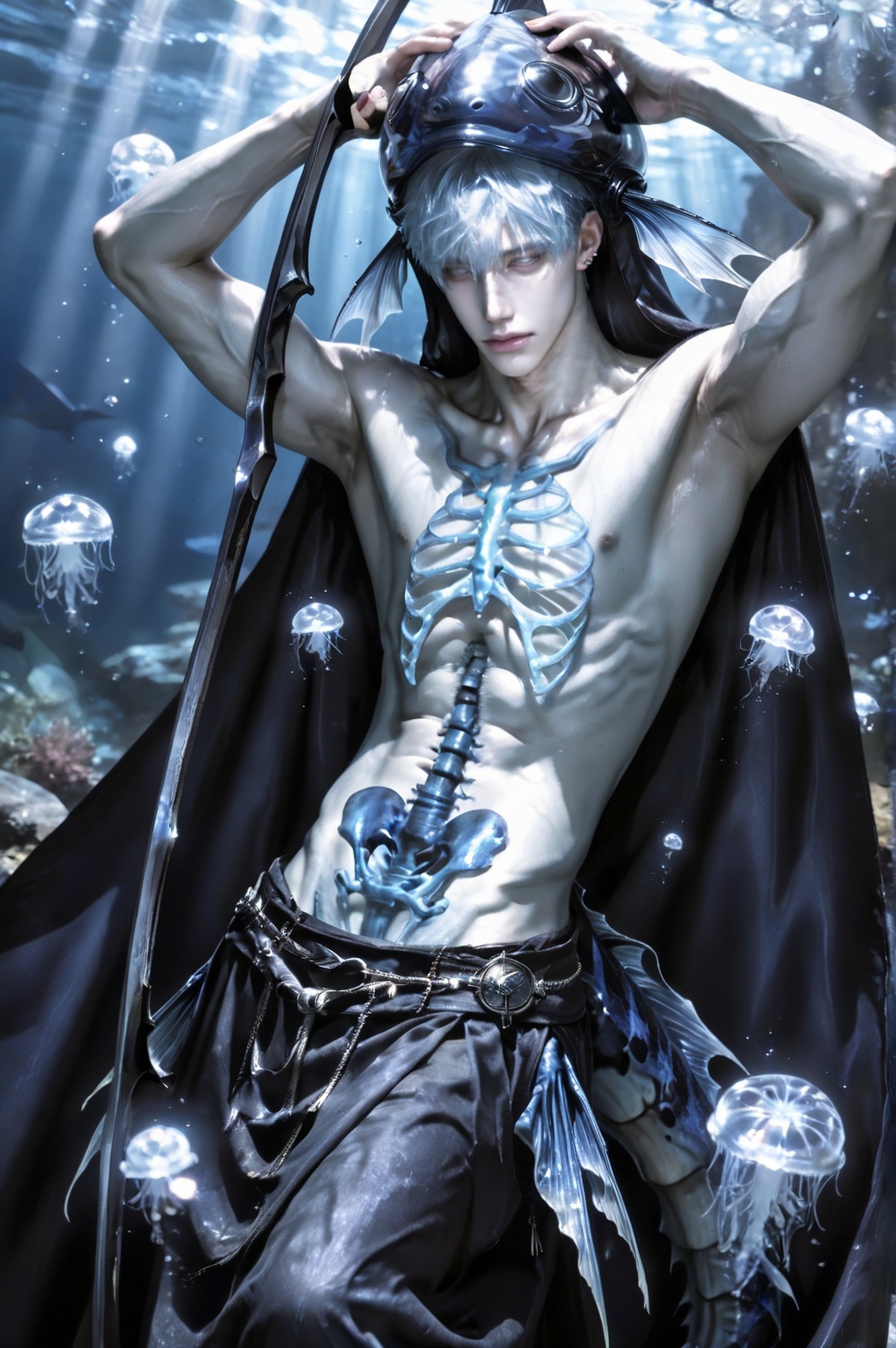 ((Below is a large blue mermaid tail)),  Sharp facial features,  sharp 4K image on Tensor.Art
