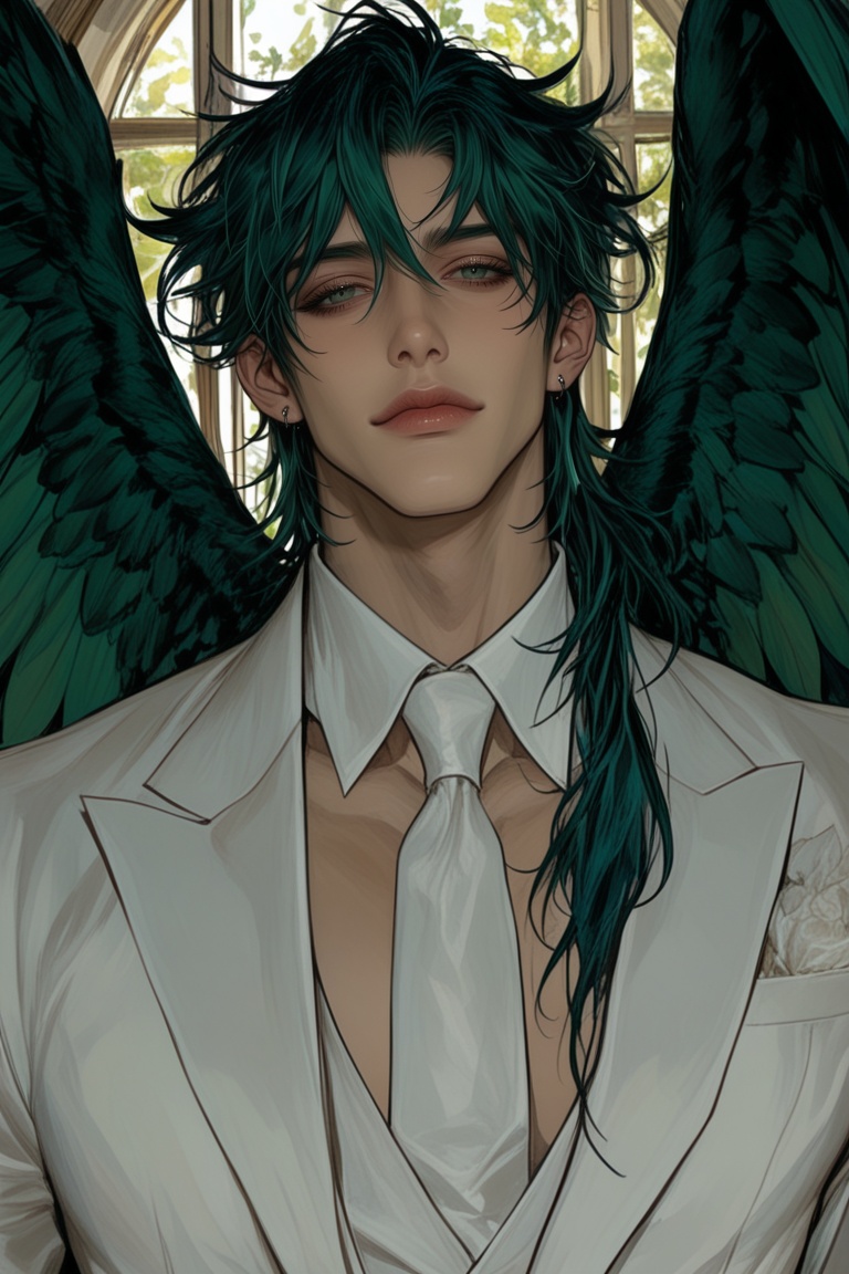Solo1,  vibrant green eyes,  long silky dark green hair on Tensor.Art