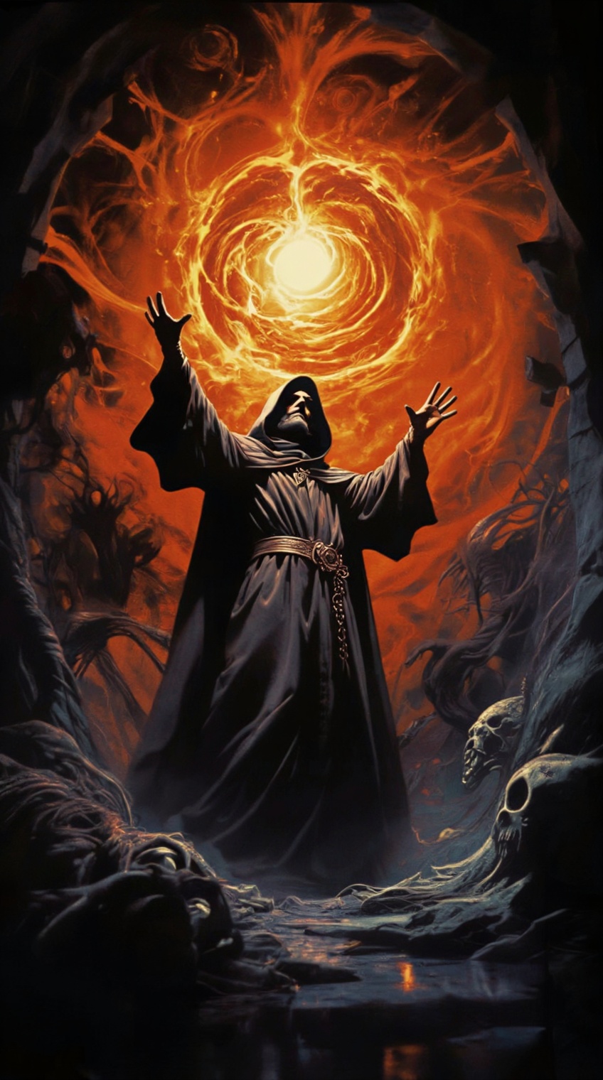 a robed figure stands in a dark,  cavernous space,  arms raised toward a swirling vortex of fiery energy above on Tensor.Art