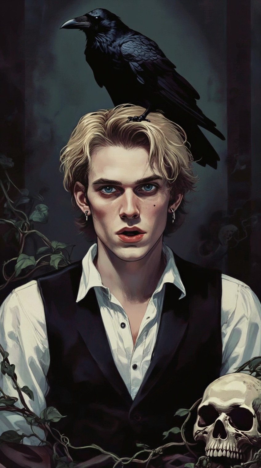 a digital illustration shoot from a close-up camera angle about a portrait of a young man with a raven perched on his head...