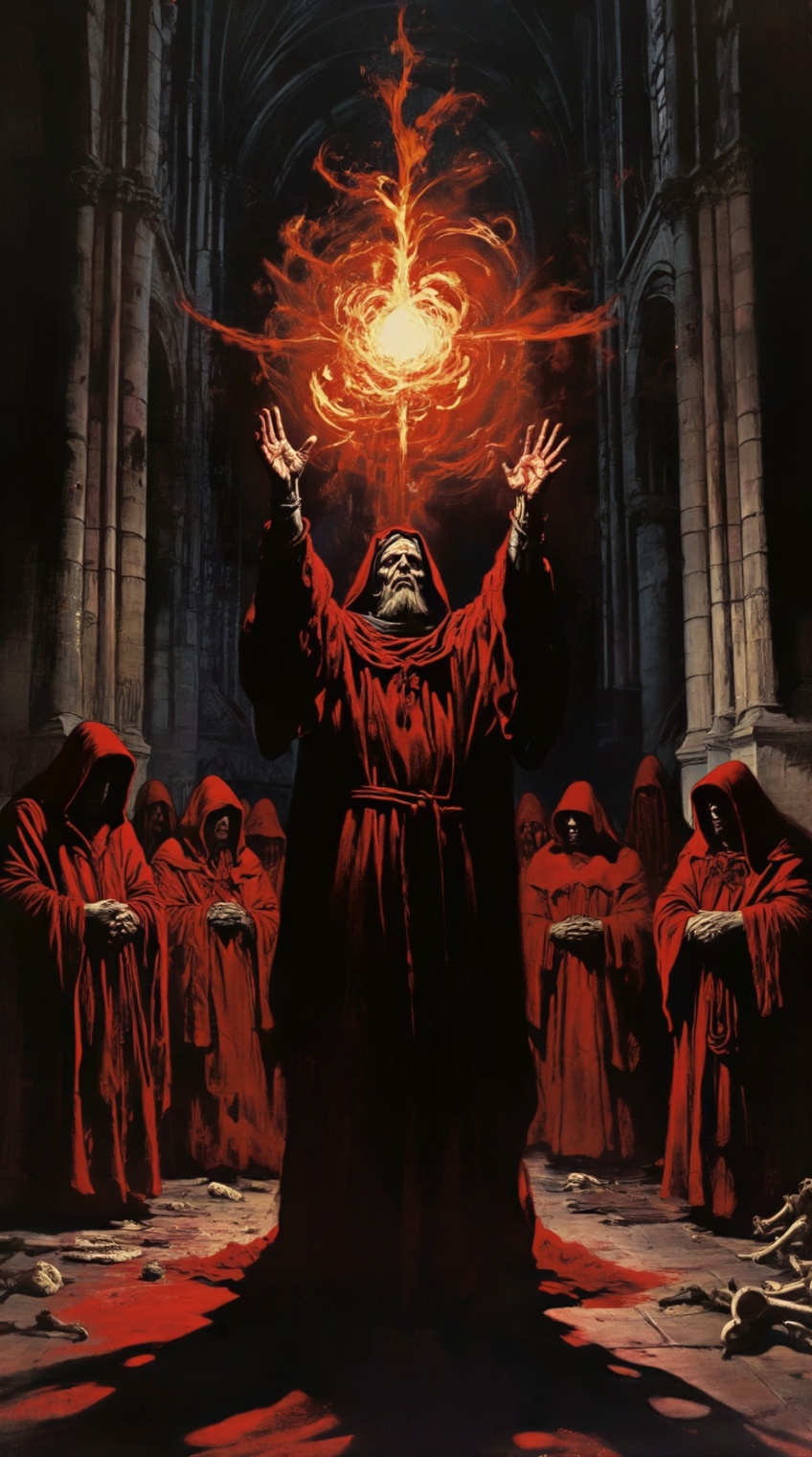 a solemn procession of mysterious cultists clad in heavy,  blood-red robes stands in a vast,  subterranean gothic cathedra...