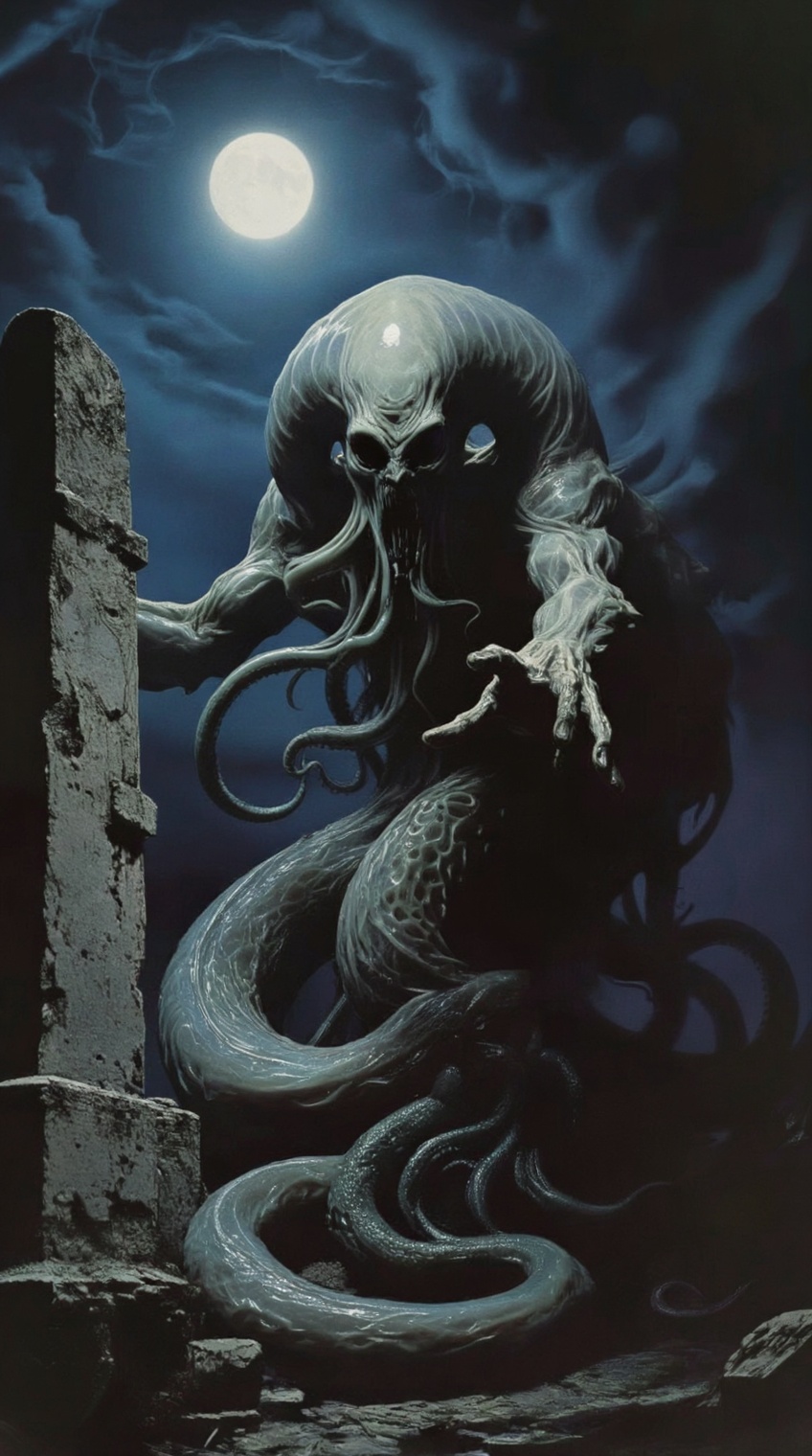 a horrifying,  serpentine entity with pale,  translucent skin and writhing tentacles coils around a crumbling stone monoli...