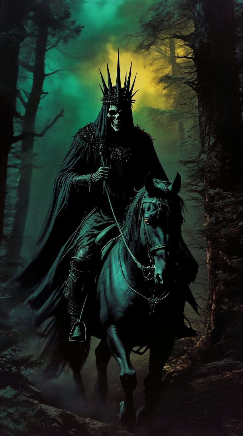 a dark,  foreboding figure mounted on a black horse dominates the scene,  cloaked in long on Tensor.Art