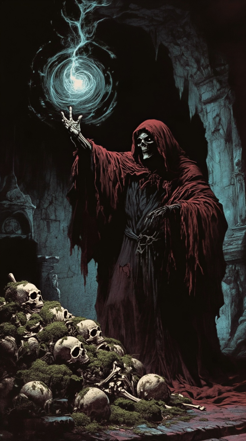 an ominous,  hooded figure performs a dark ritual before a desecrated altar piled high with moss-covered skulls,  the sorc...