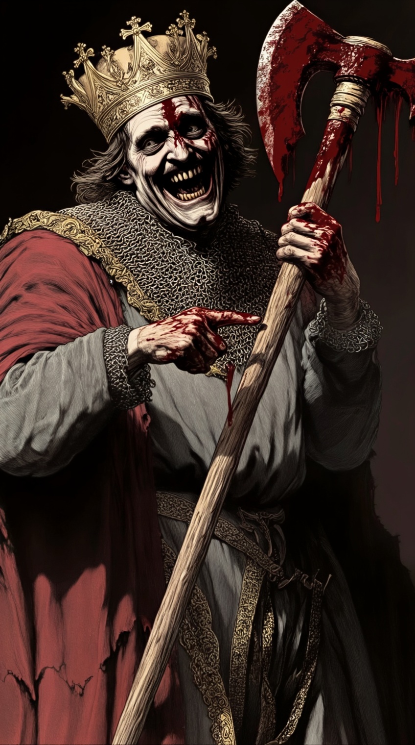 a grotesque,  crowned figure dominates the frame,  clad in a tattered red cloak over layered garments of chainmail and dar...