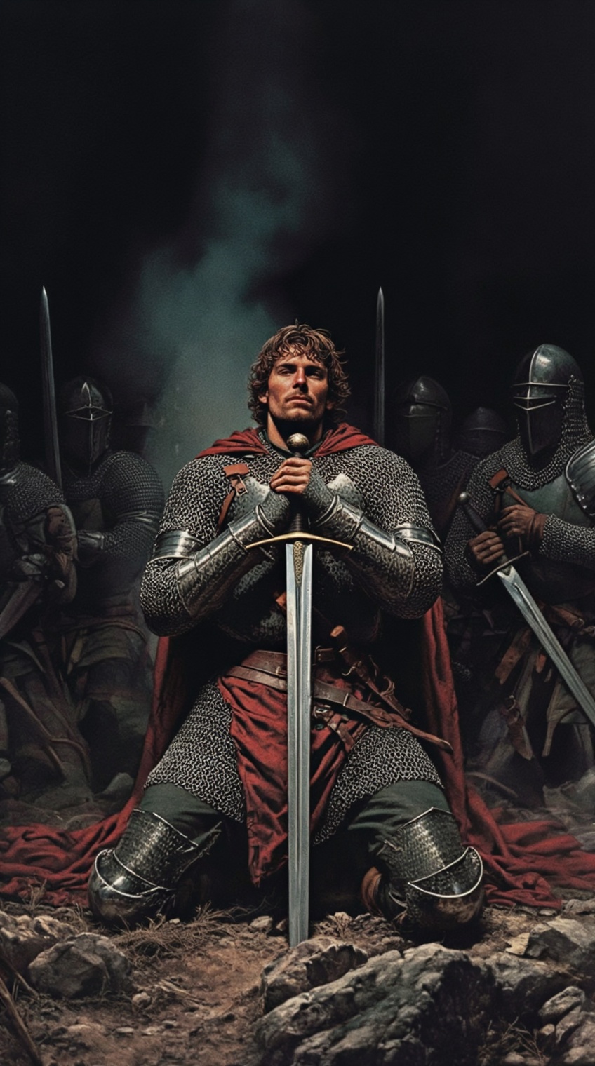 a knight in chainmail and plate armor kneels on rocky ground,  gripping a longsword upright with both hands,  its blade re...