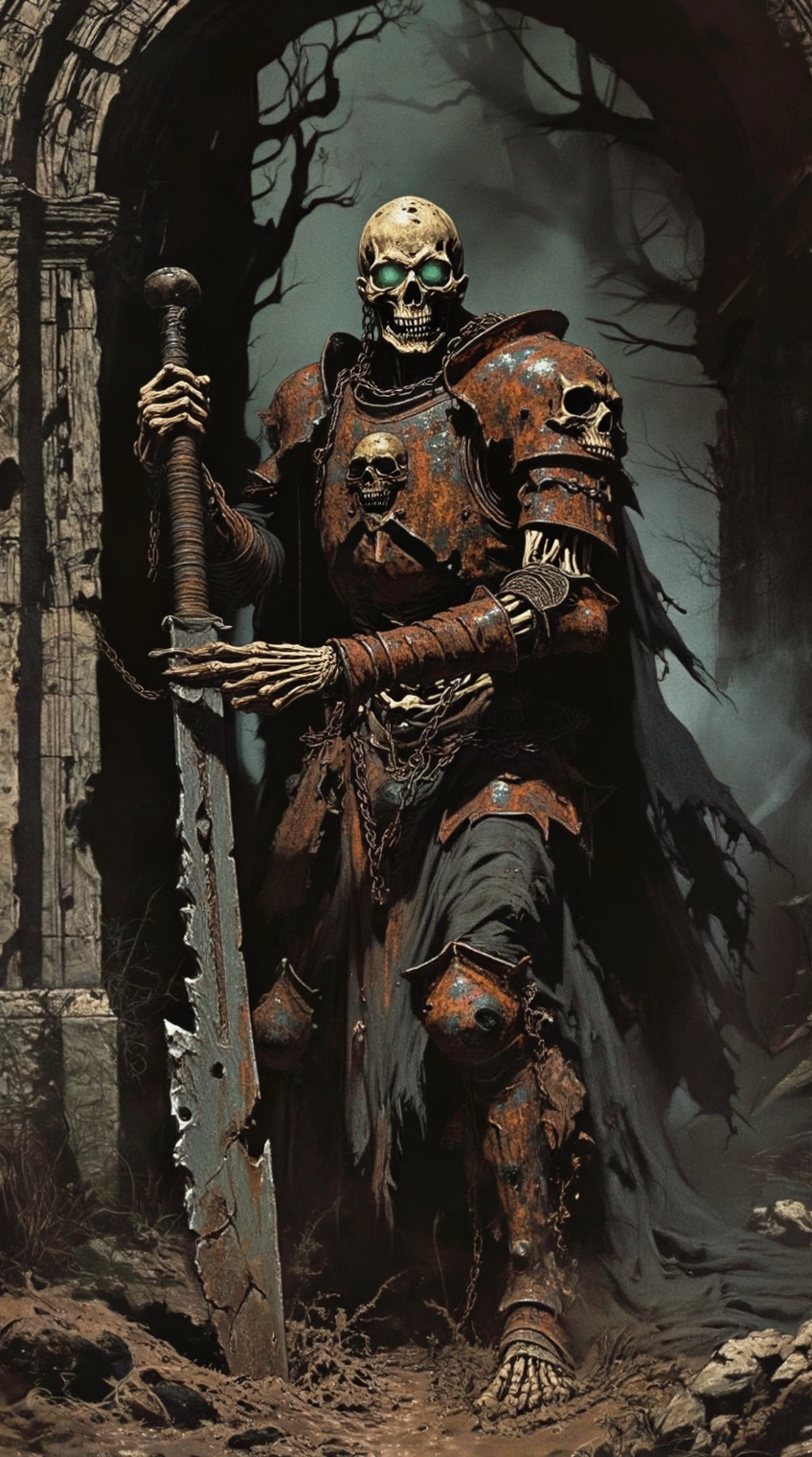 a fearsome skeletal warrior stands guard before an ancient,  decaying archway,  clad in heavily rusted plate armor adorned...