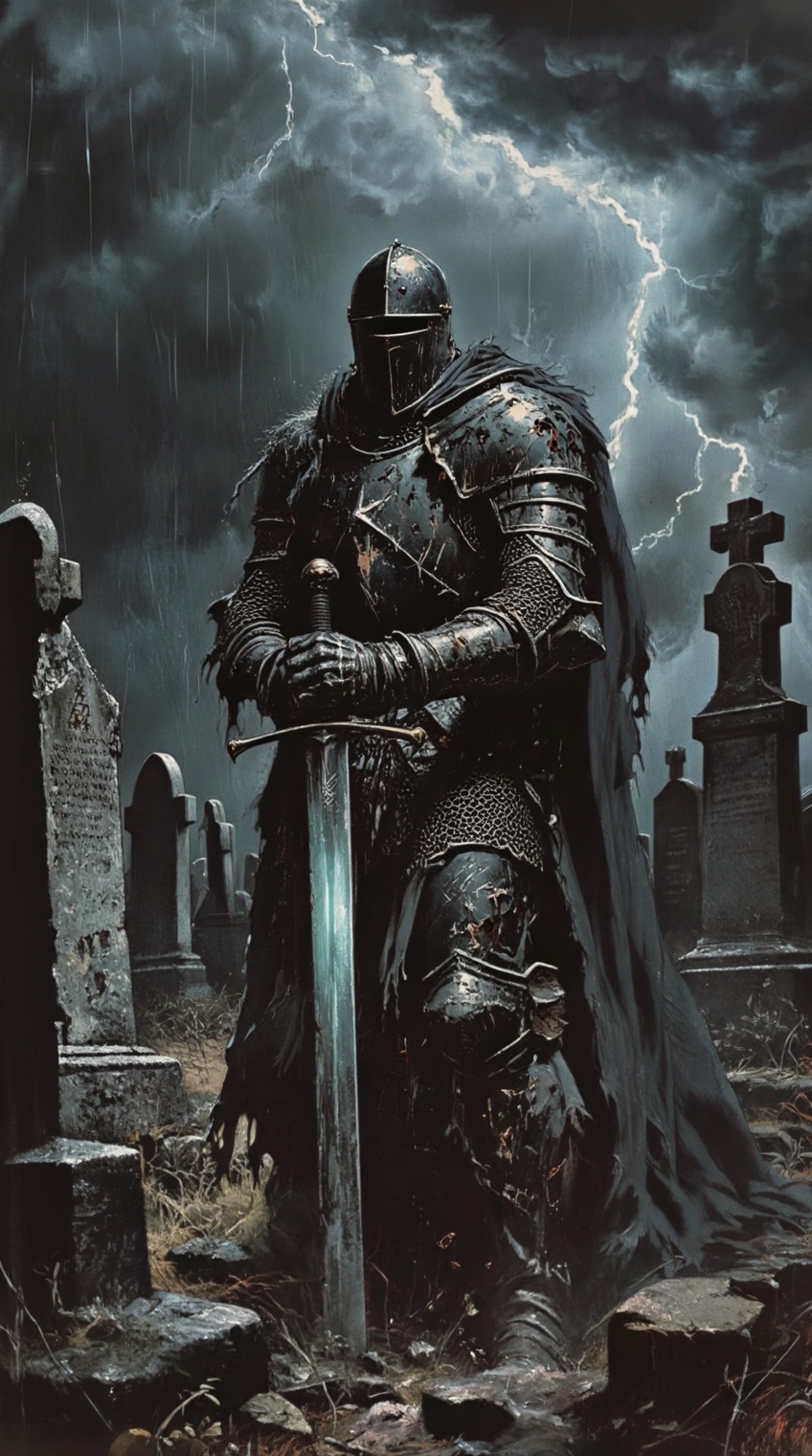 a lone,  imposing knight stands amidst the crumbling tombstones of a forgotten gothic graveyard,  clad in scarred on Tenso...