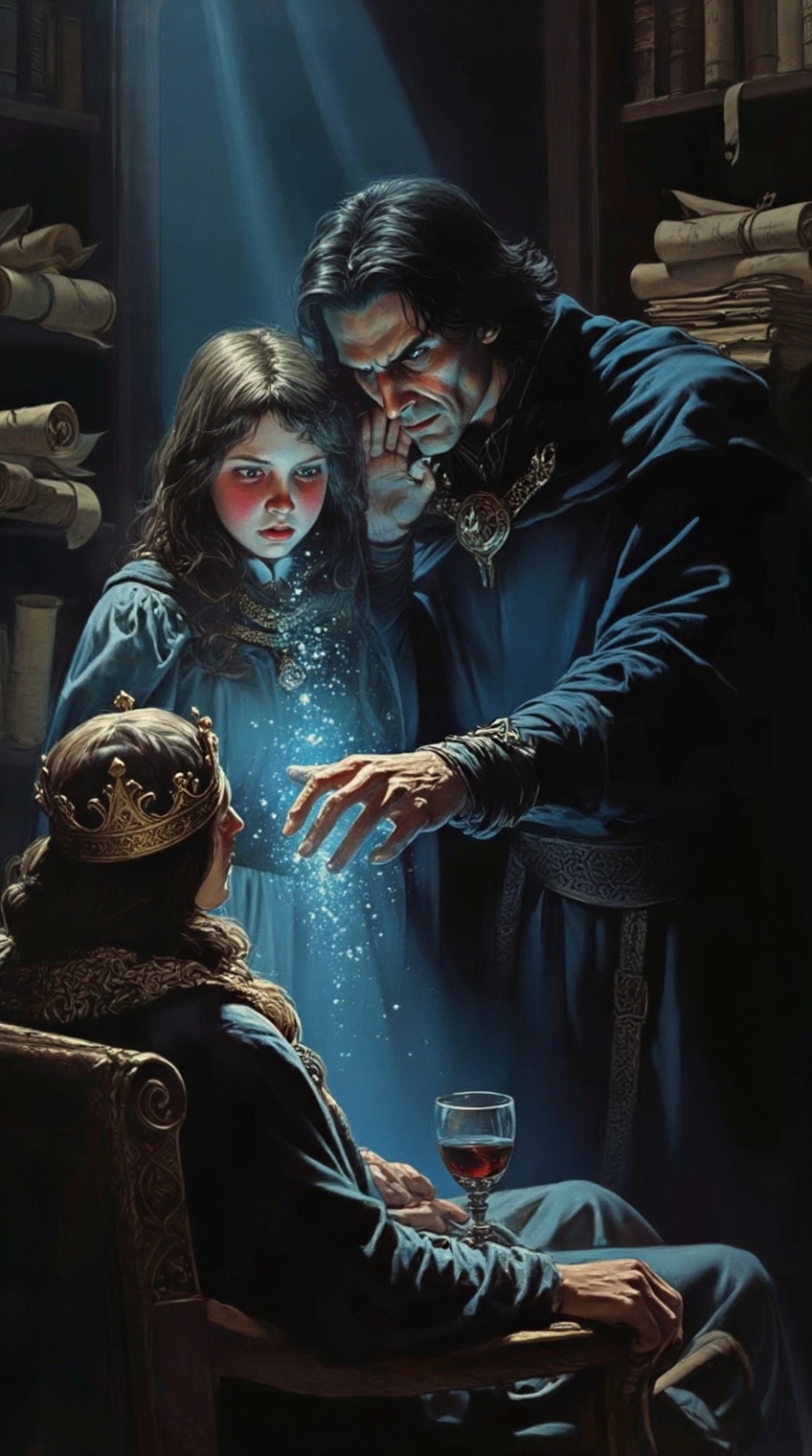 An atmospheric fantasy portrait of a tall,  dark-haired sorcerer standing behind a ***** female apprentice,  guiding her h...