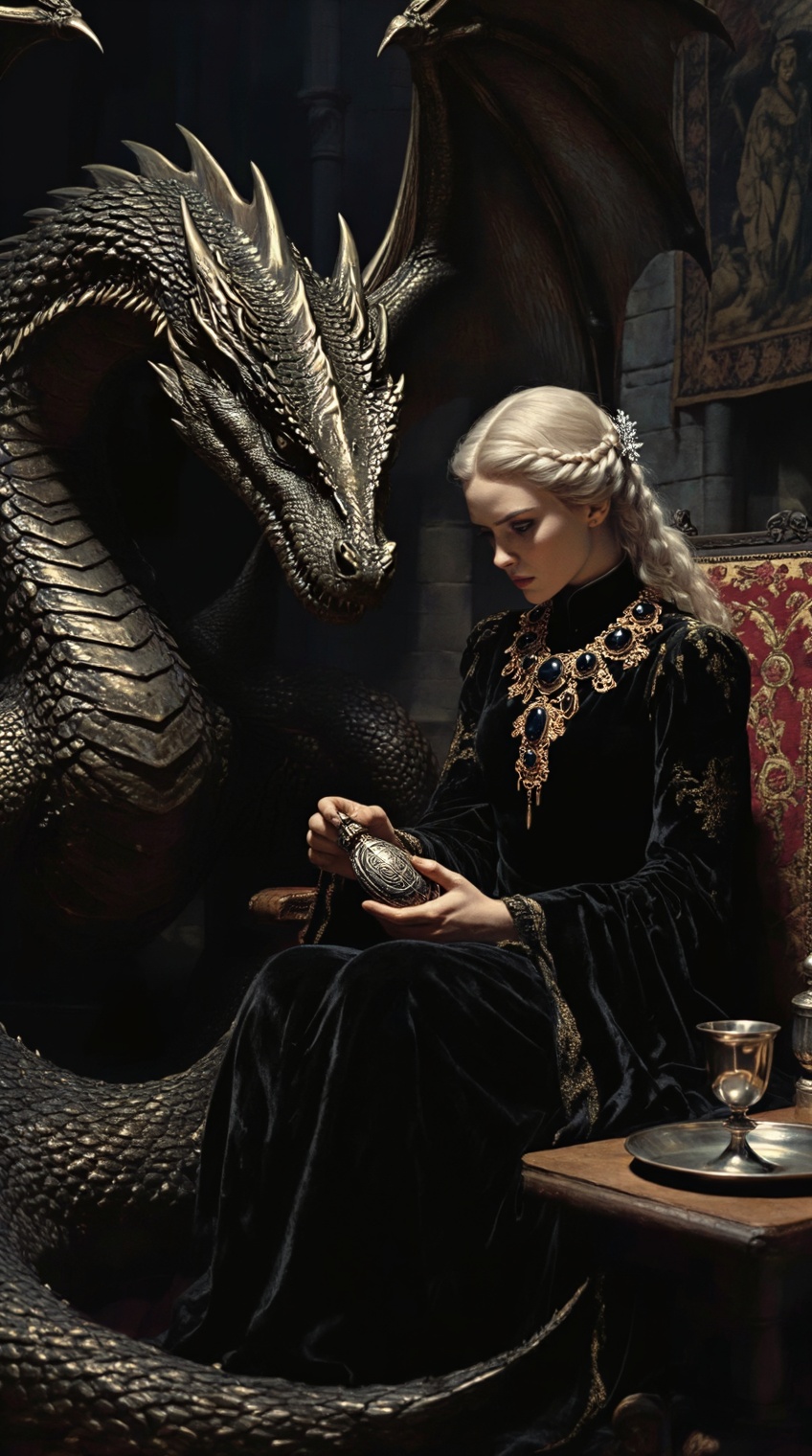 A moody,  low-key lighting scene depicting a regal young woman with long,  platinum blonde hair styled in an intricate sid...