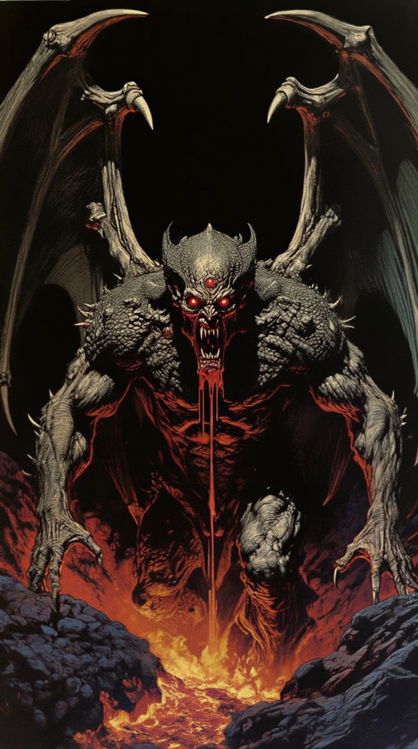 a colossal,  nightmarish demon emerges from a fiery abyss,  its muscular on Tensor.Art