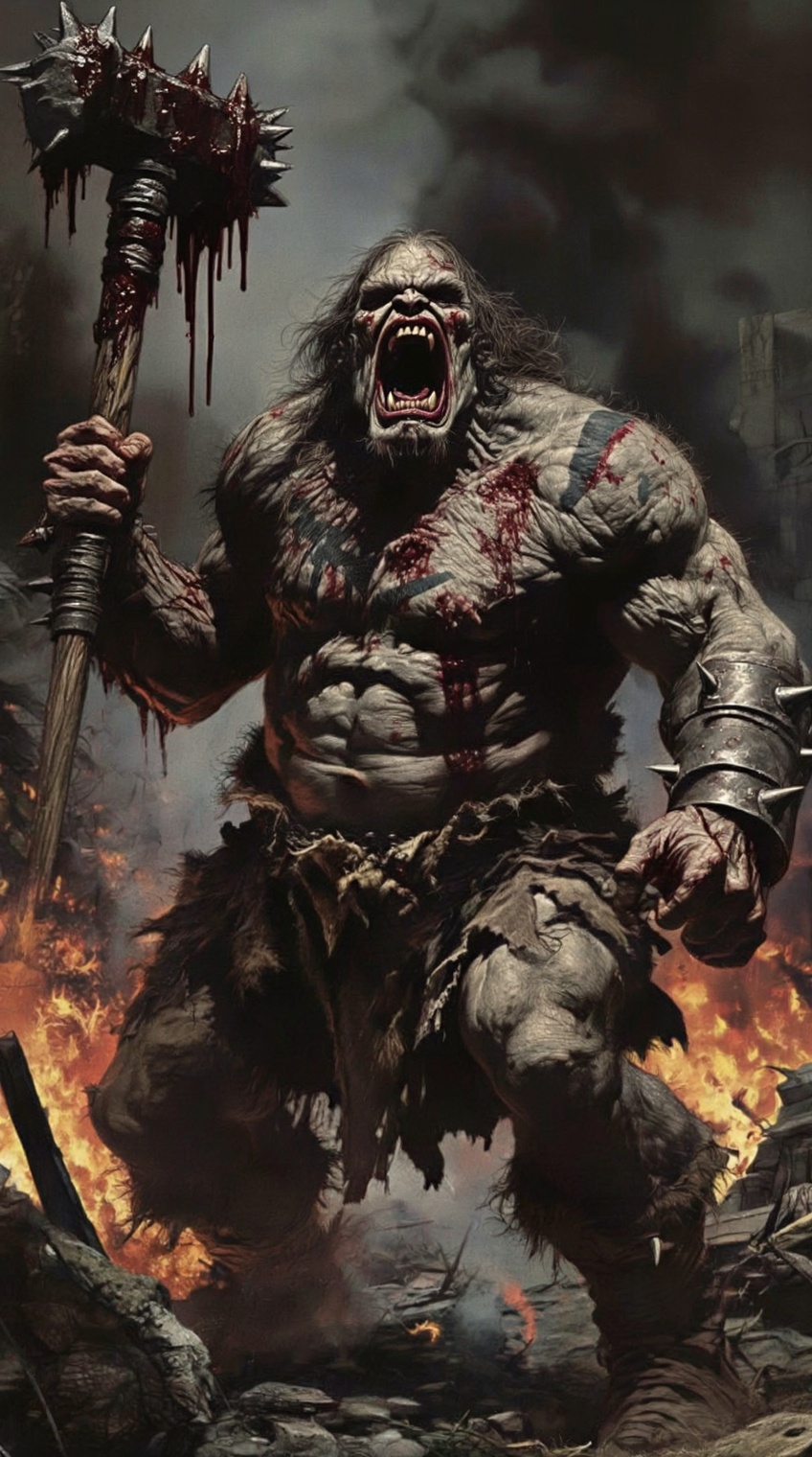 a hulking,  battle-scarred brute with gray,  leathery skin dominates the foreground of a ruined landscape on Tensor.Art