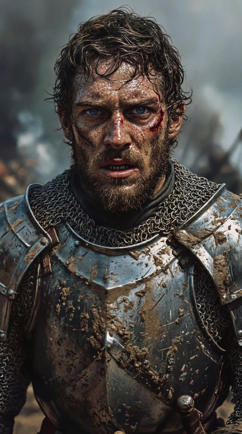 a hyper-realistic close-up portrait of a battle-weary knight,  clad in dented and mud-splattered plate armor over intricat...