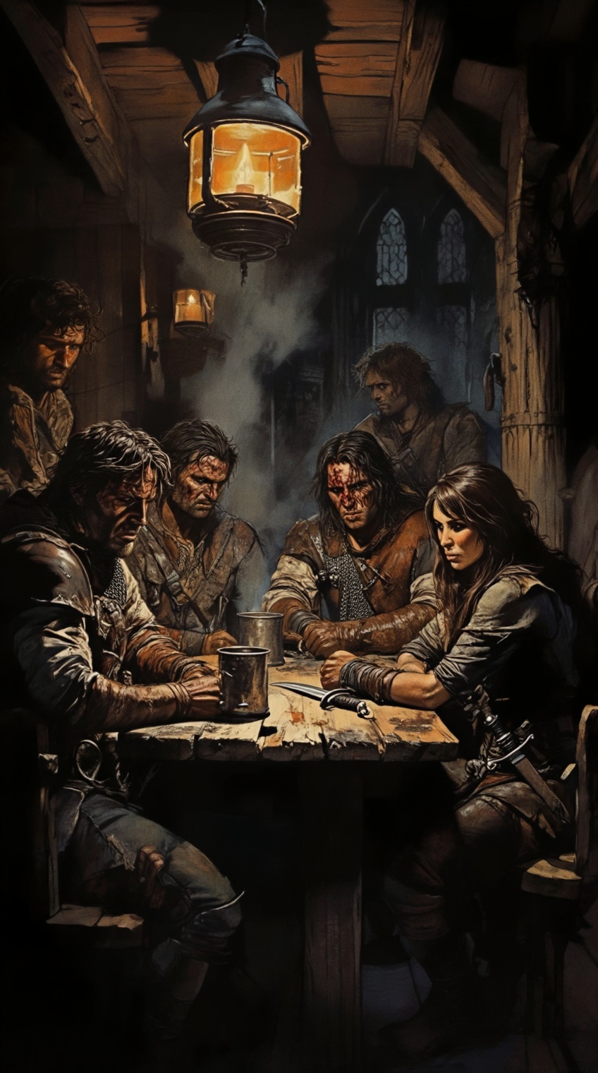 a group of weary,  battle-hardened mercenaries sits around a worn wooden table inside a dimly lit,  smoky gothic tavern on...