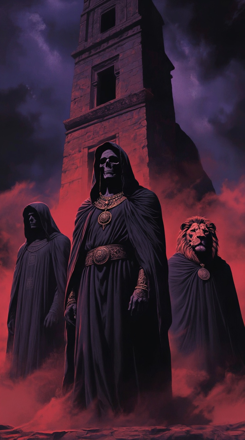 three cloaked figures stand before a towering,  ancient stone structure under a stormy sky awash in deep red and purple hu...