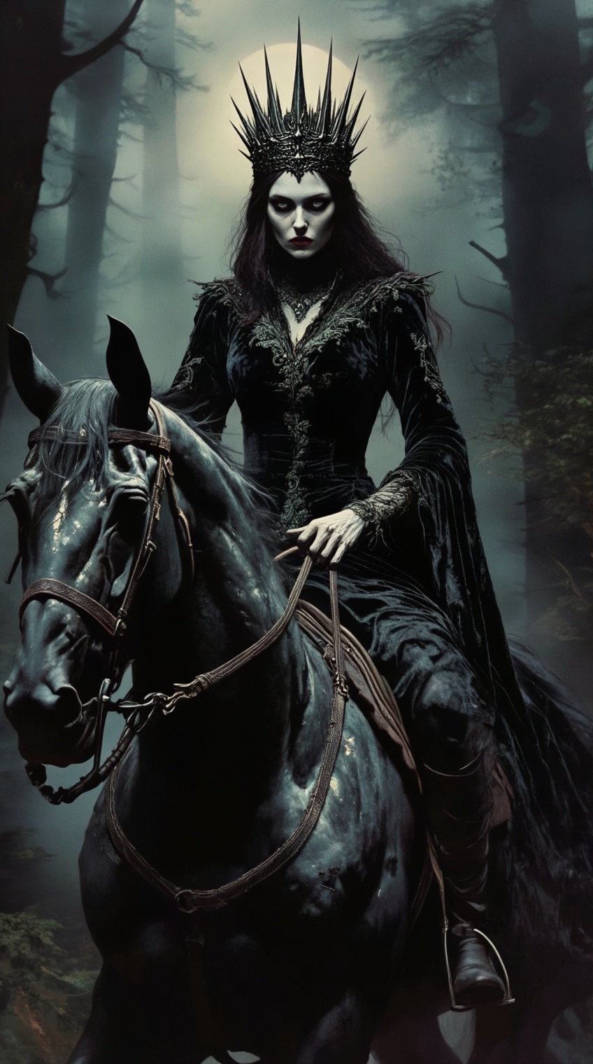 a majestic yet terrifying dark queen rides atop a massive,  battle-scarred black steed through a dense,  fog-shrouded dark...