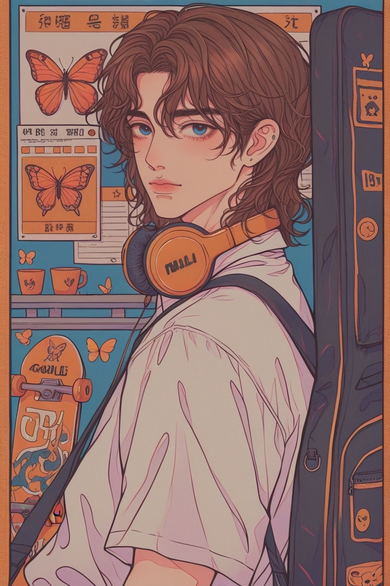 1boy,  headphones around neck,  guitar case on Tensor.Art